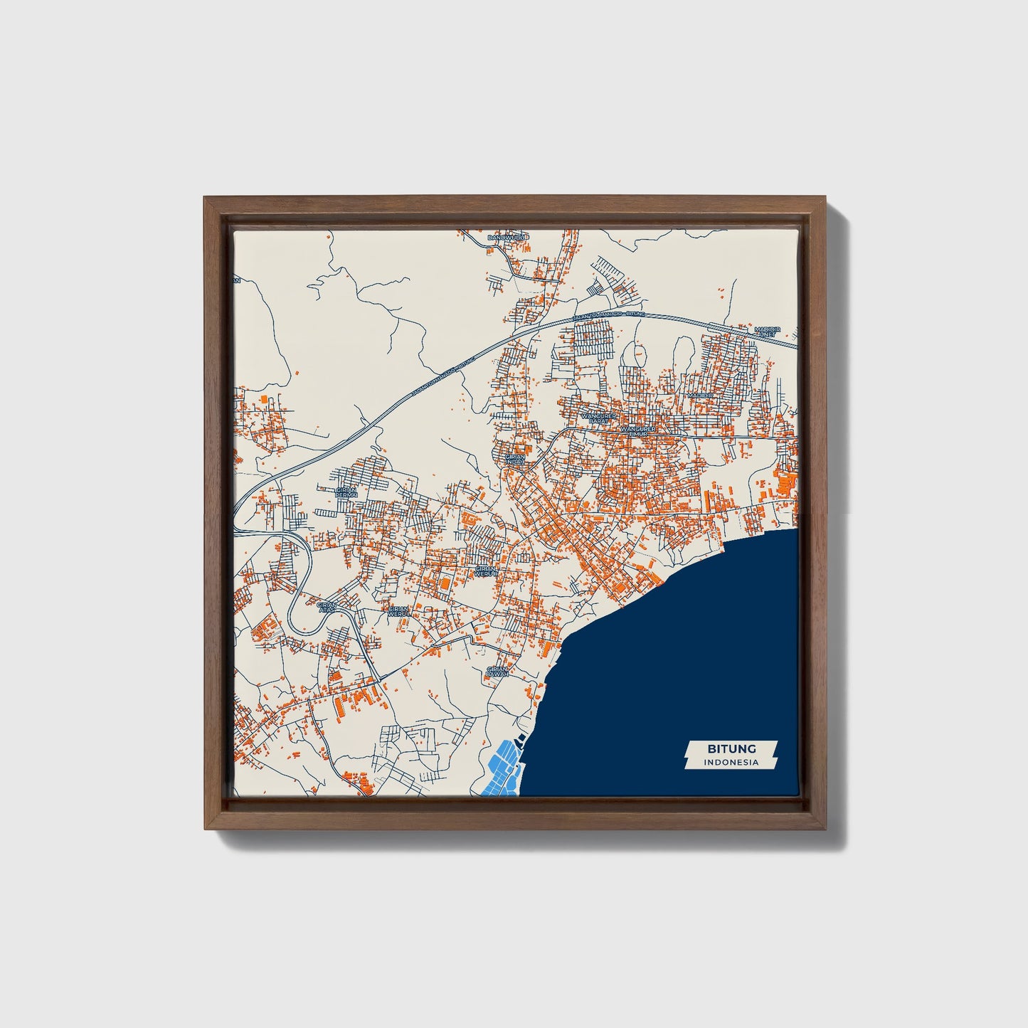 Bitung Indonesia Colorful City Map Canvas Print • Dark Wooden Framed