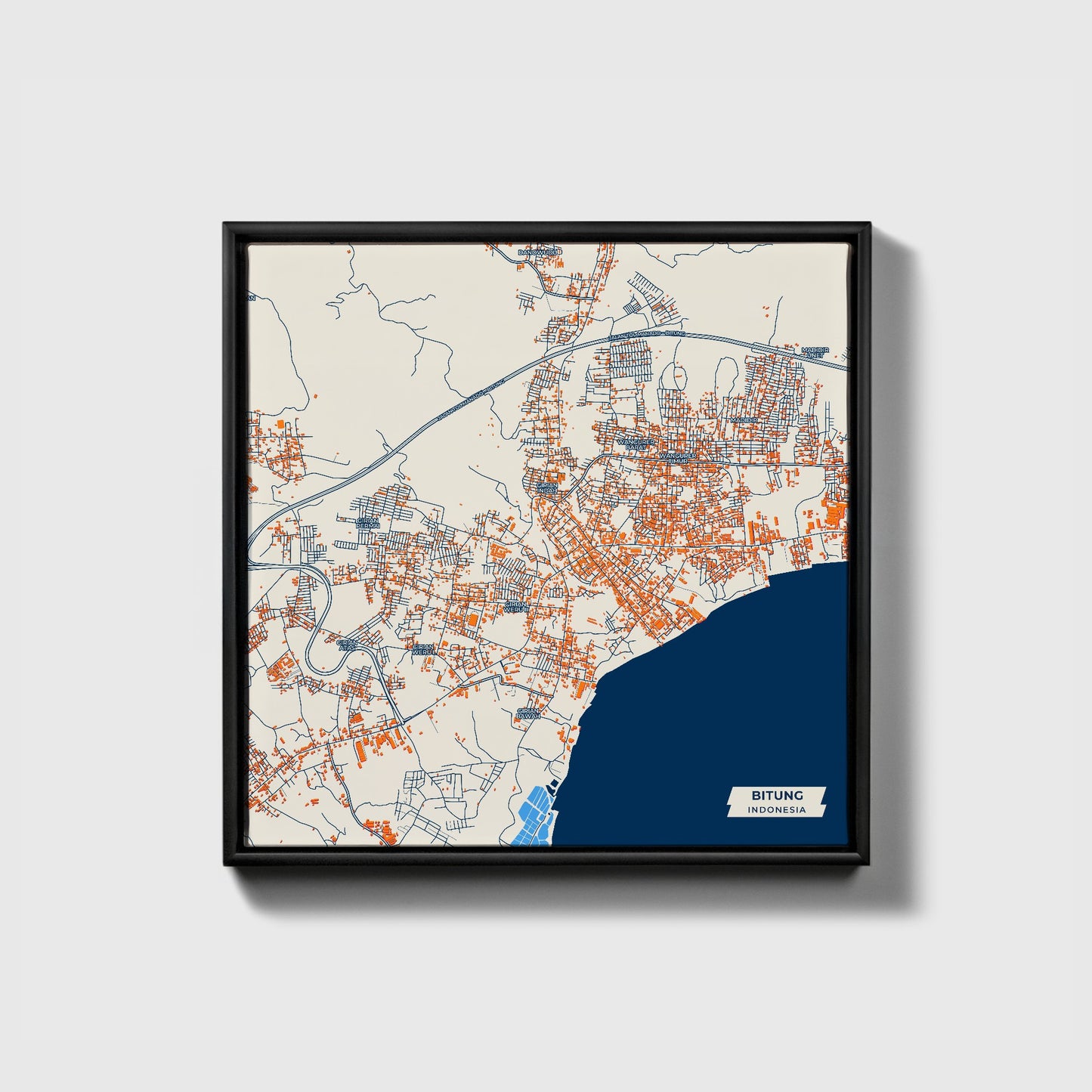 Bitung Indonesia Colorful City Map Canvas Print • Black Framed