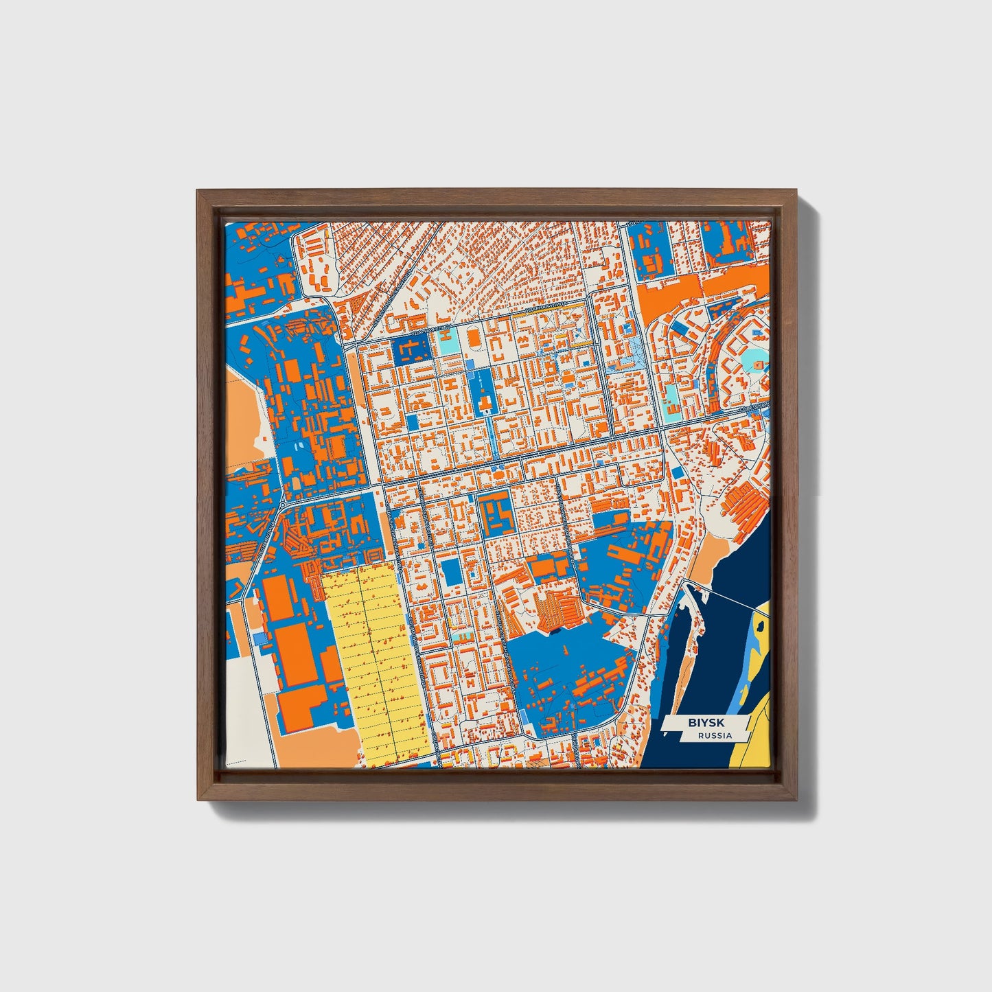 Бийский Russia Colorful City Map Canvas Print • Dark Wooden Framed