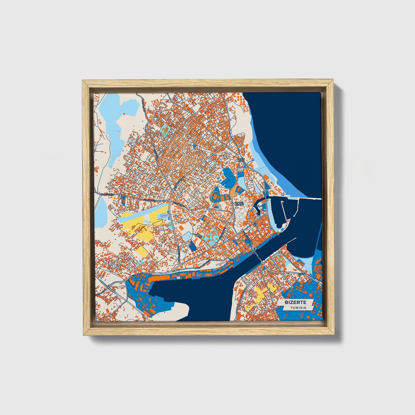 Bizerte Tunisia Colorful City Map Canvas Print • Natural Wooden Framed