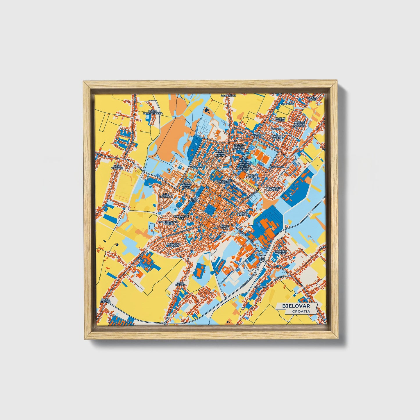 Bjelovar Croatia Colorful City Map Canvas Print • Natural Wooden Framed
