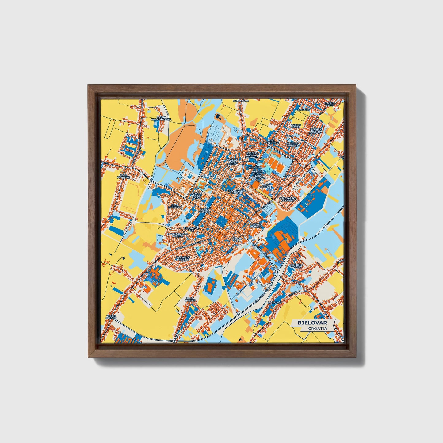 Bjelovar Croatia Colorful City Map Canvas Print • Dark Wooden Framed
