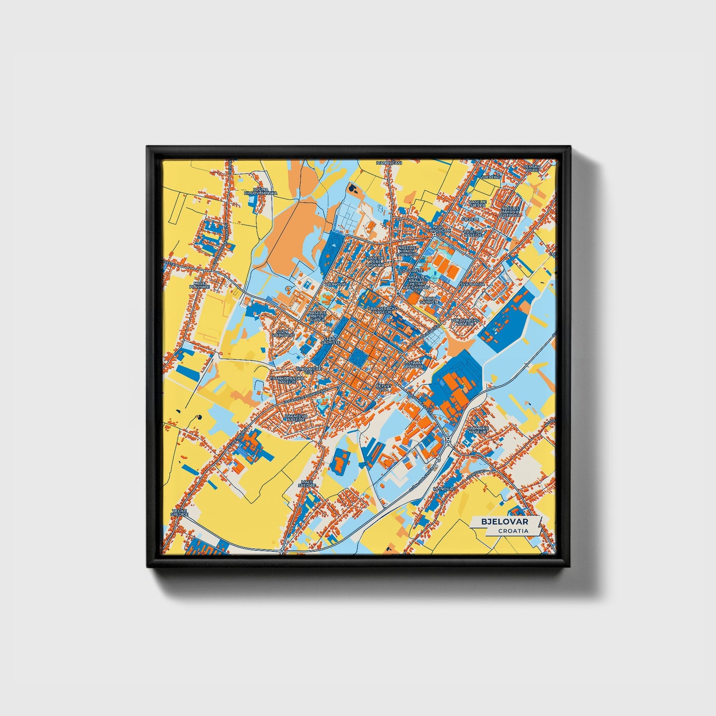 Bjelovar Croatia Colorful City Map Canvas Print • Black Framed