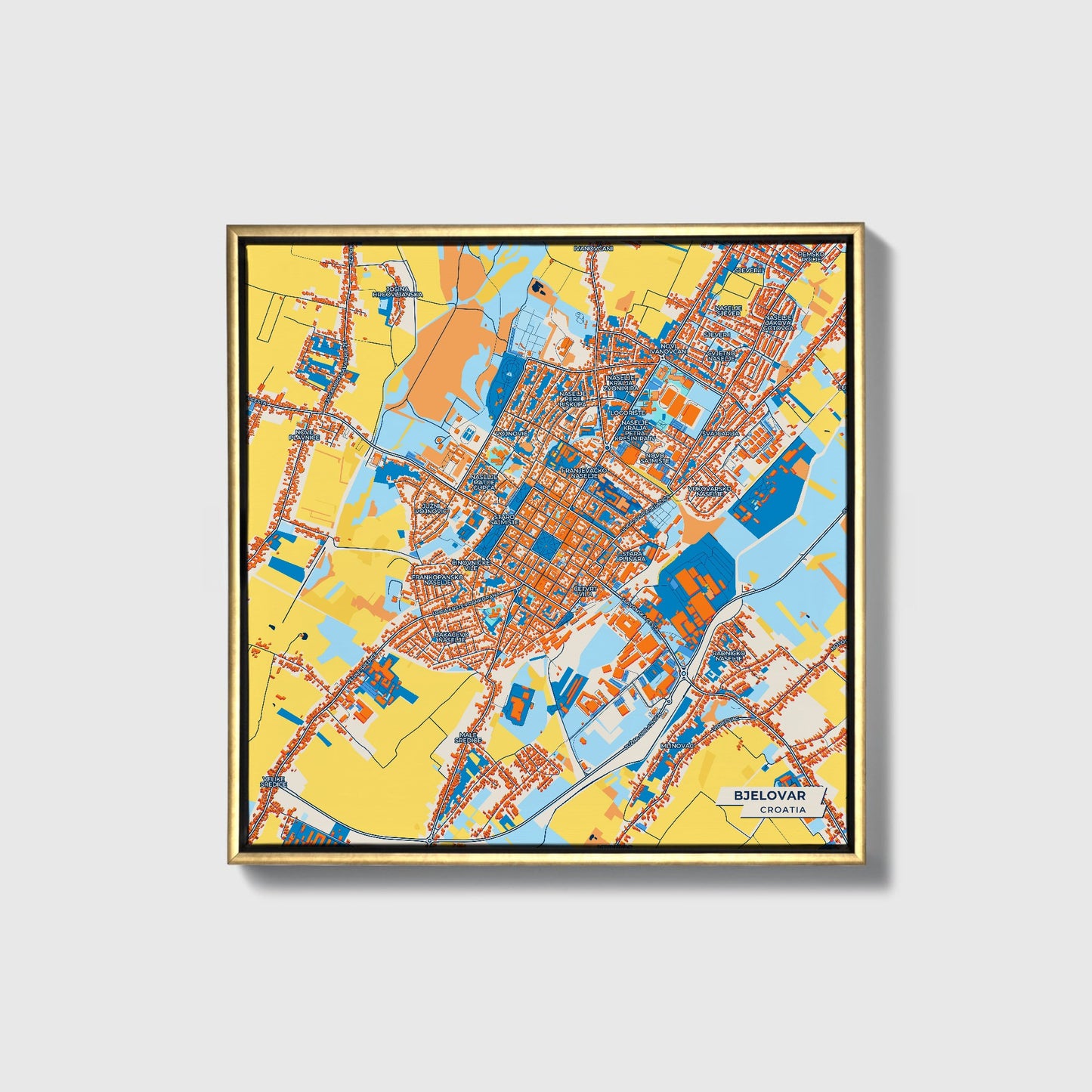Bjelovar Croatia Colorful City Map Canvas Print • Gold Framed