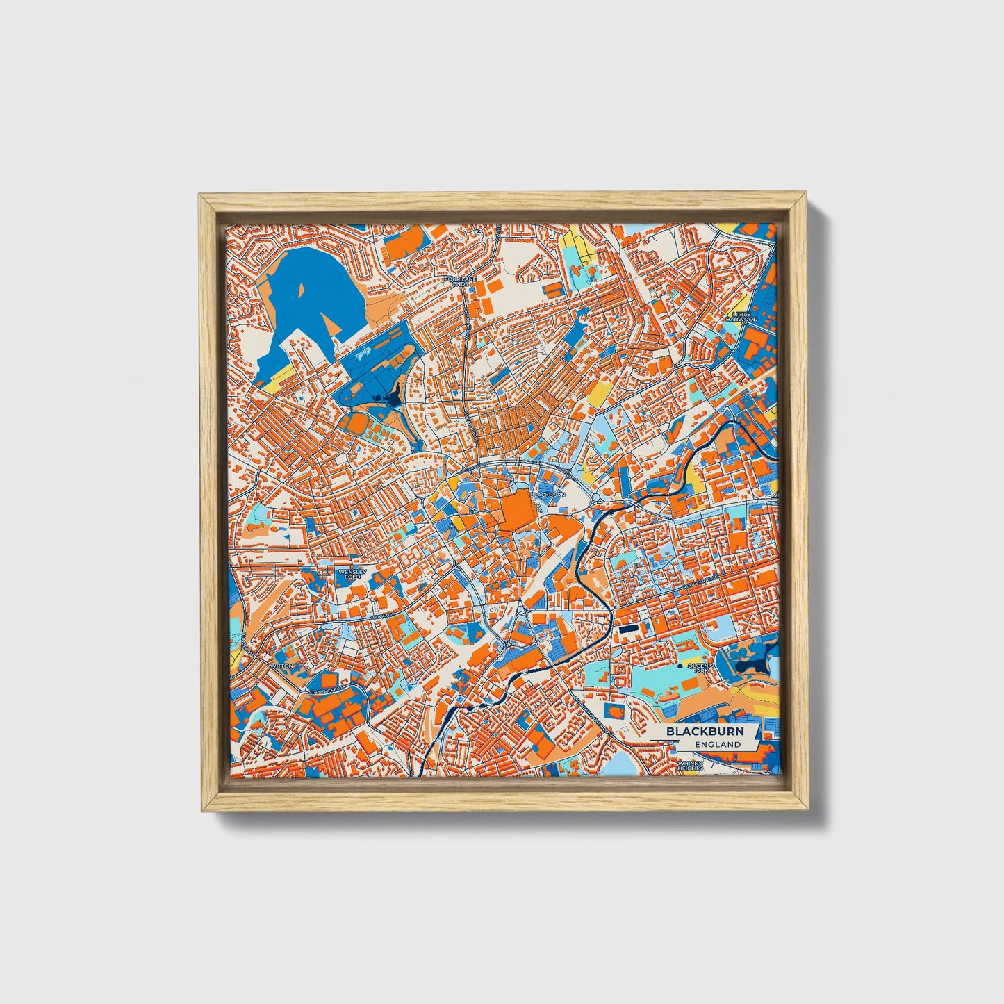 Blackburn England Colorful City Map Canvas Print • Natural Wooden Framed