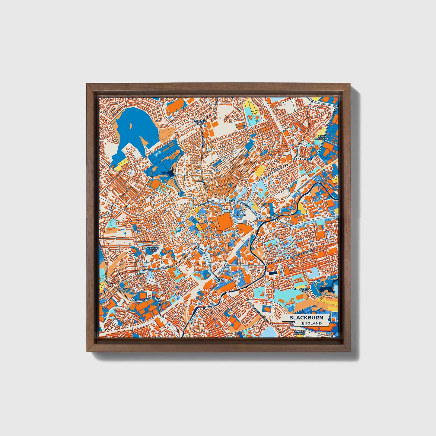 Blackburn England Colorful City Map Canvas Print • Dark Wooden Framed