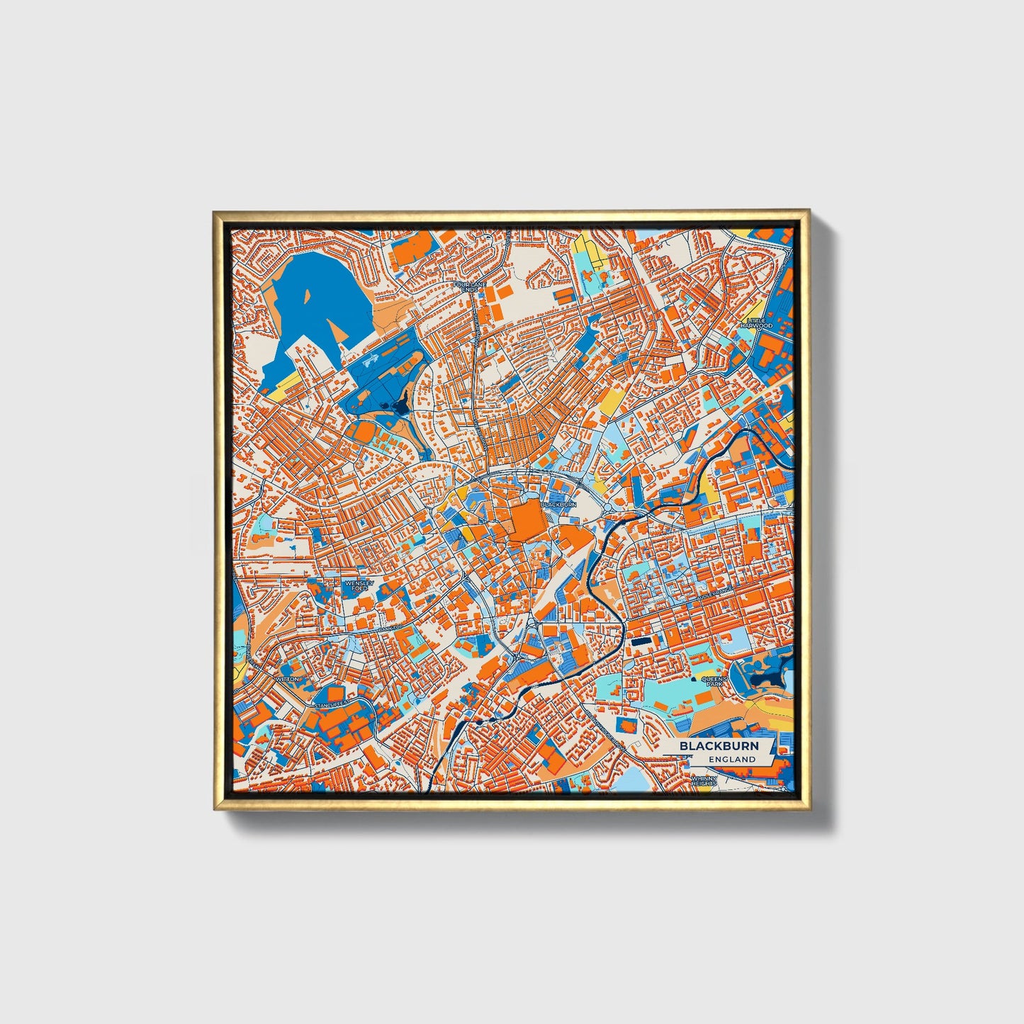 Blackburn England Colorful City Map Canvas Print • Gold Framed