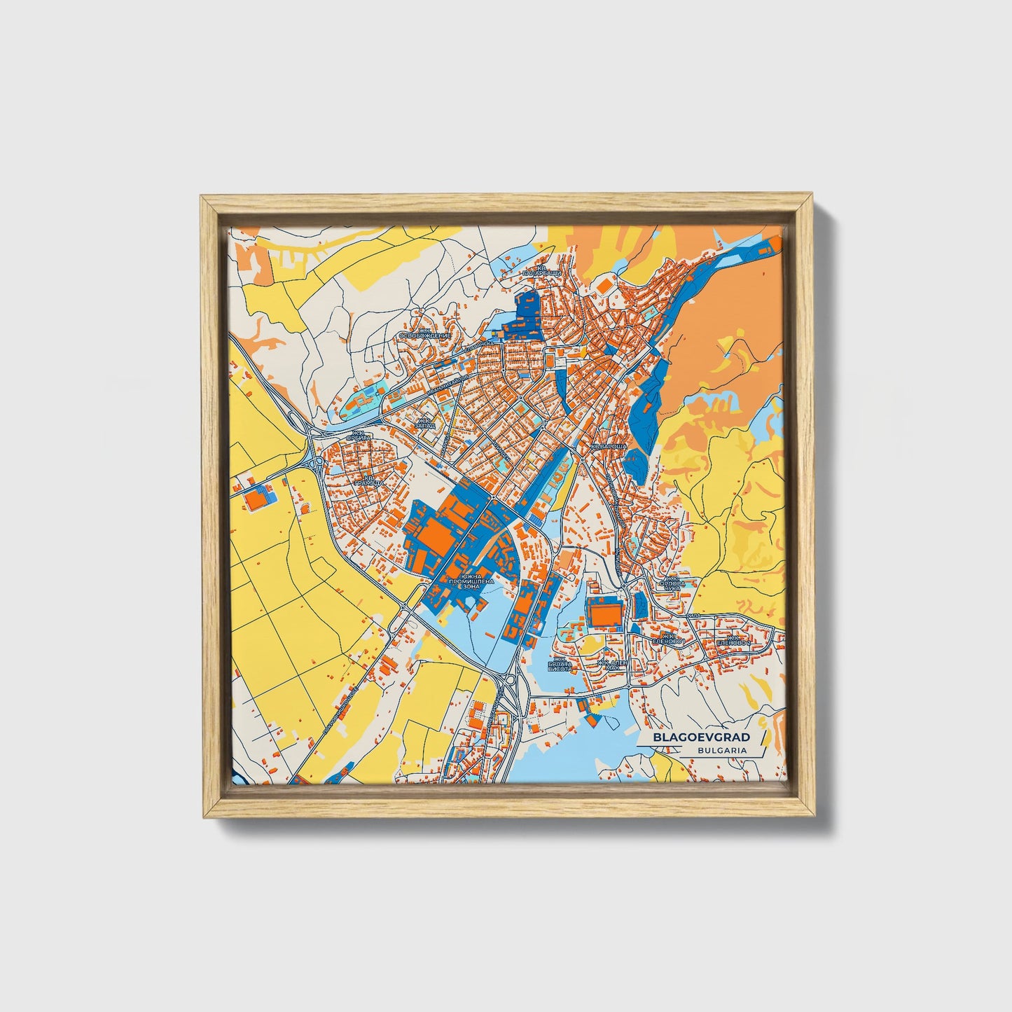 Благоевград Bulgaria Colorful City Map Canvas Print • Natural Wooden Framed