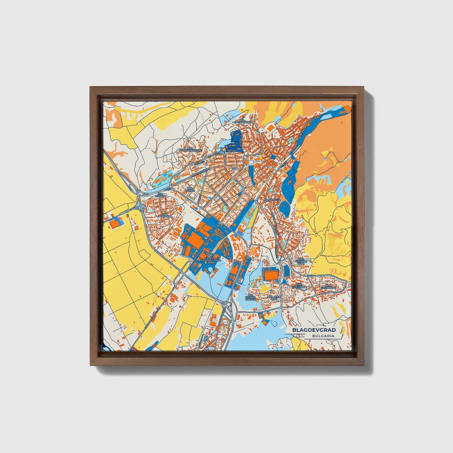 Благоевград Bulgaria Colorful City Map Canvas Print • Dark Wooden Framed