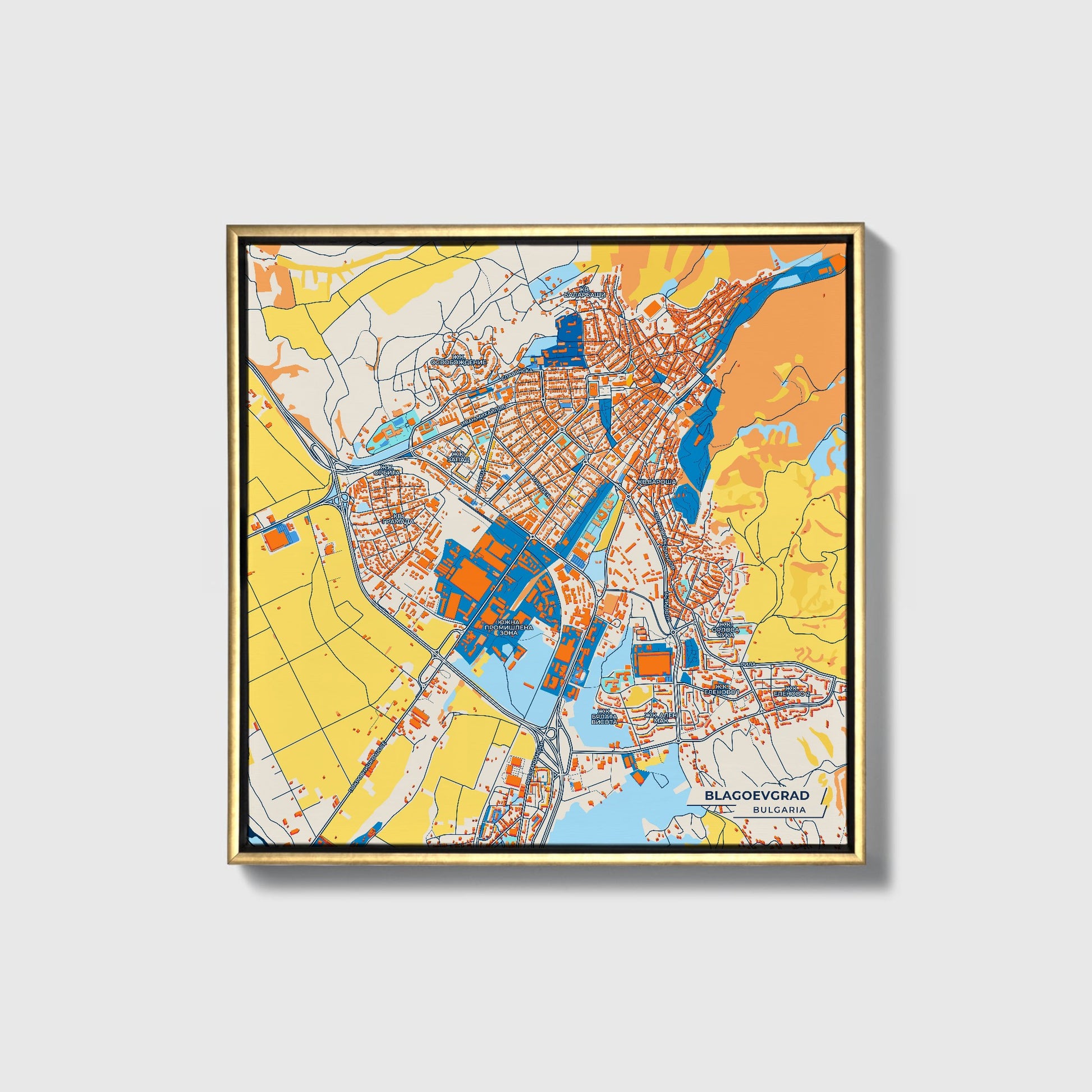 Благоевград Bulgaria Colorful City Map Canvas Print • Gold Framed