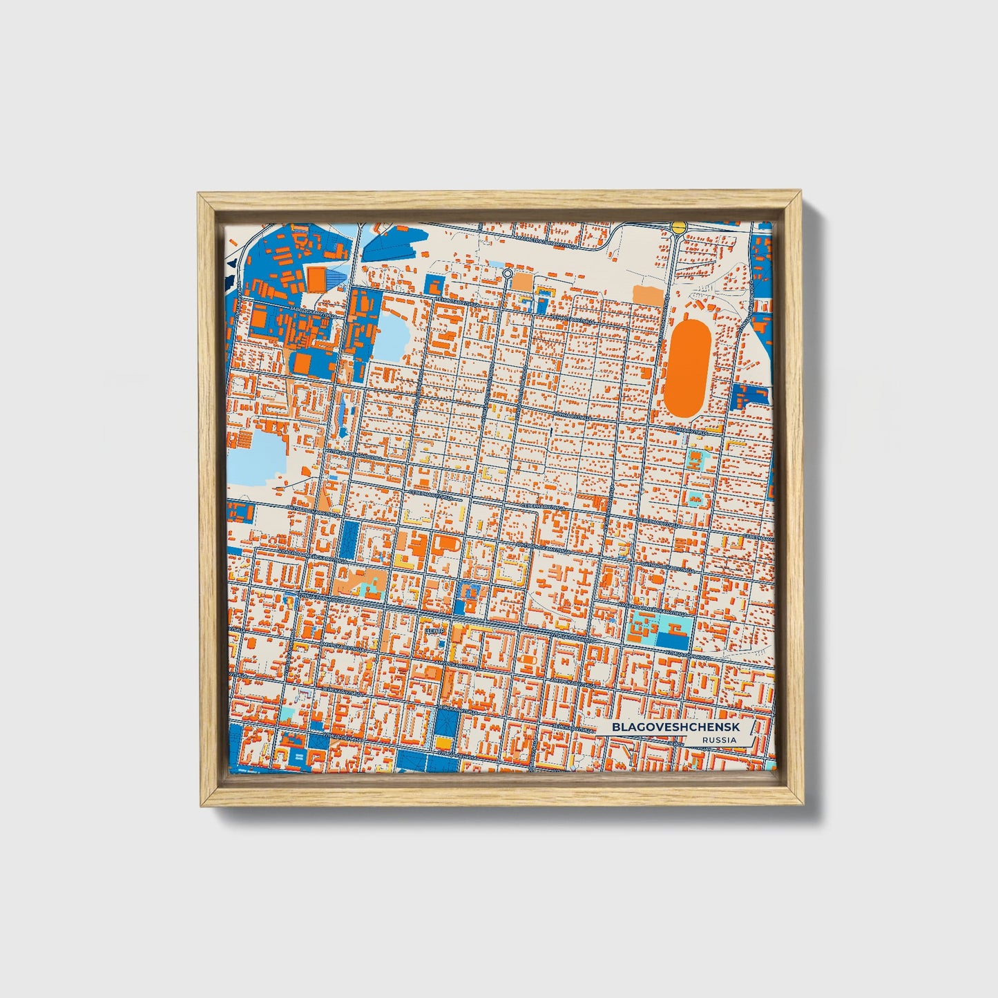 Благовещенск Russia Colorful City Map Canvas Print • Natural Wooden Framed
