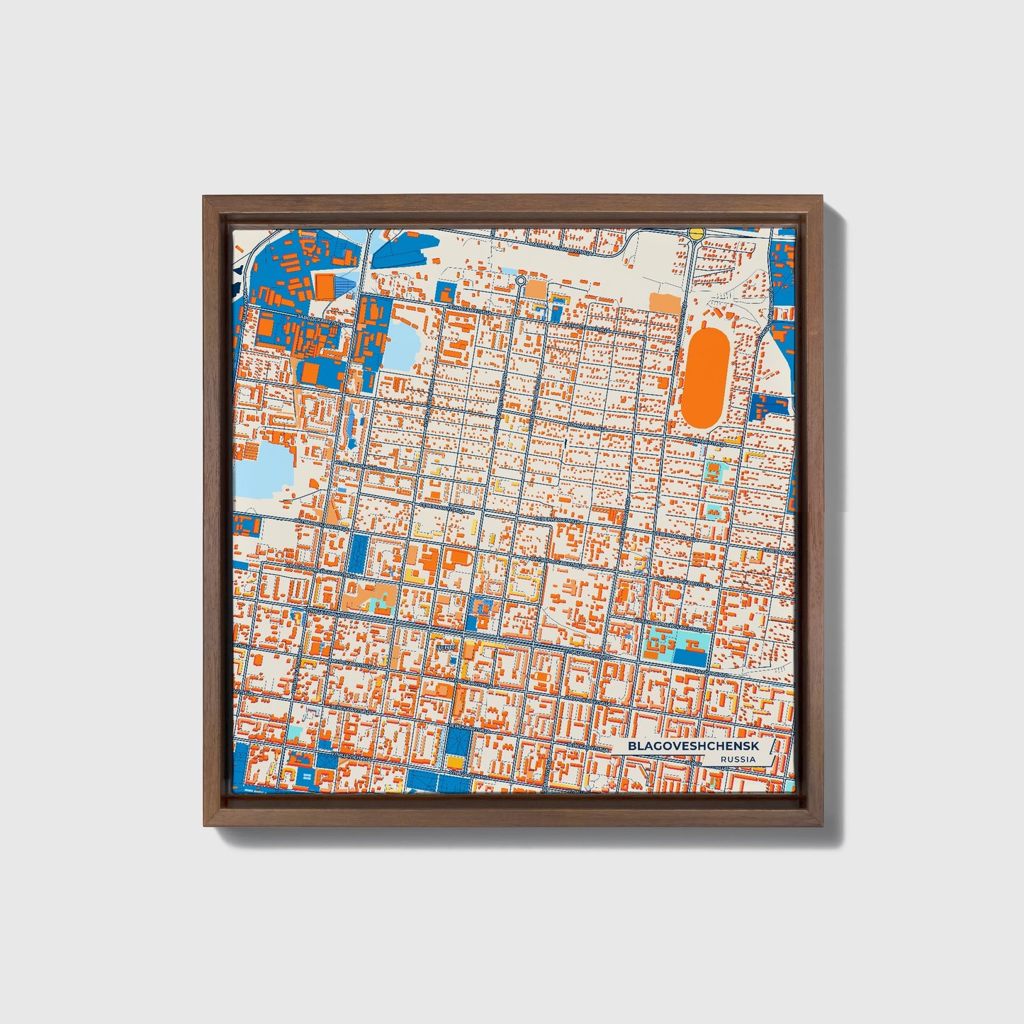 Благовещенск Russia Colorful City Map Canvas Print • Dark Wooden Framed
