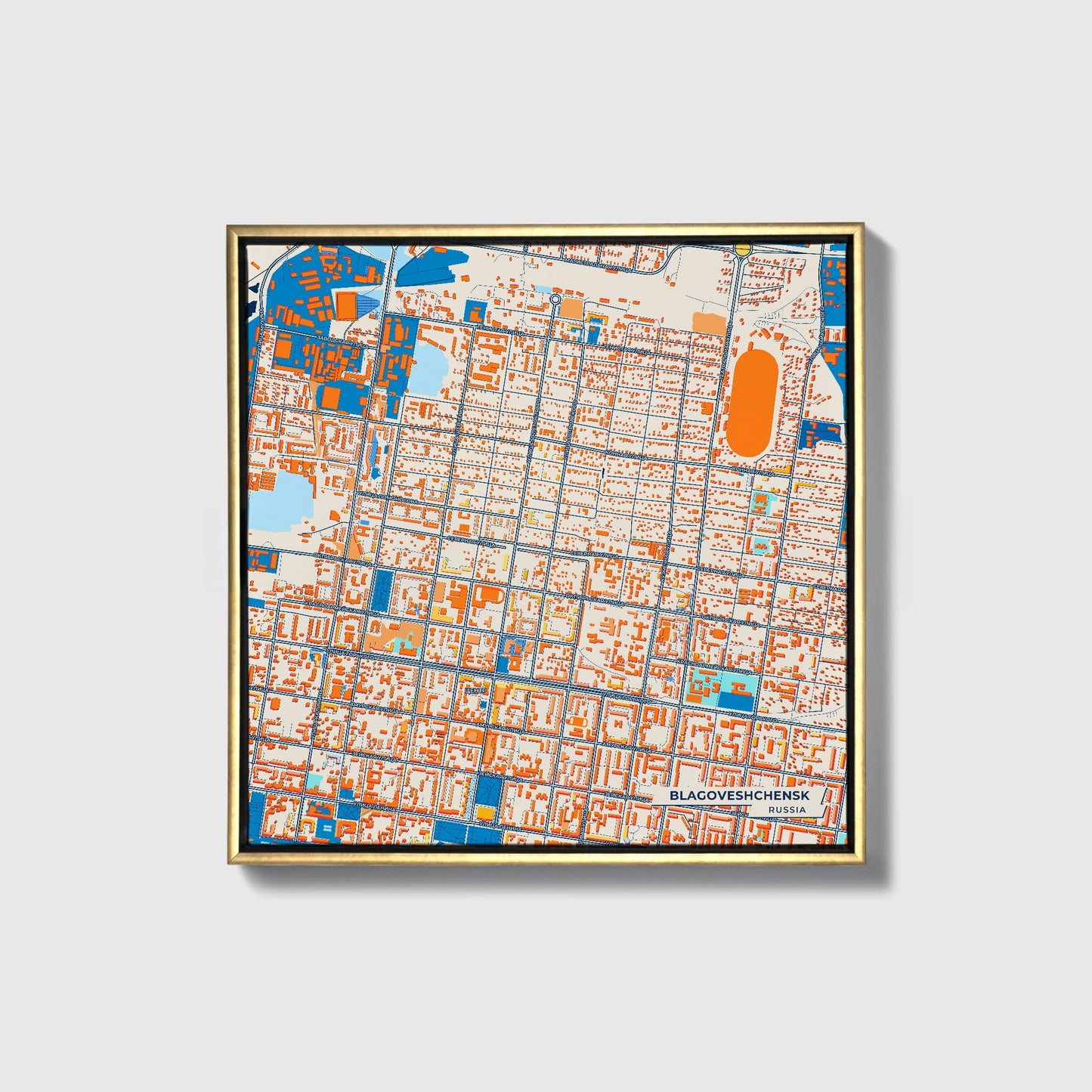 Благовещенск Russia Colorful City Map Canvas Print • Gold Framed