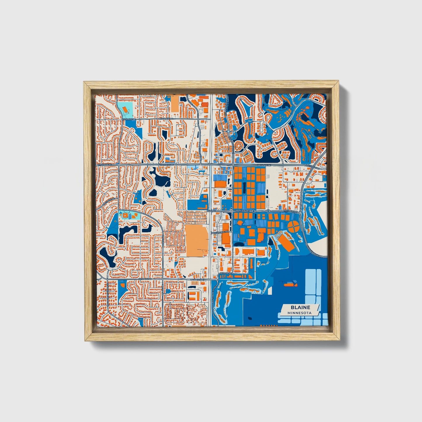 Blaine Minnesota Colorful City Map Canvas Print • Natural Wooden Framed
