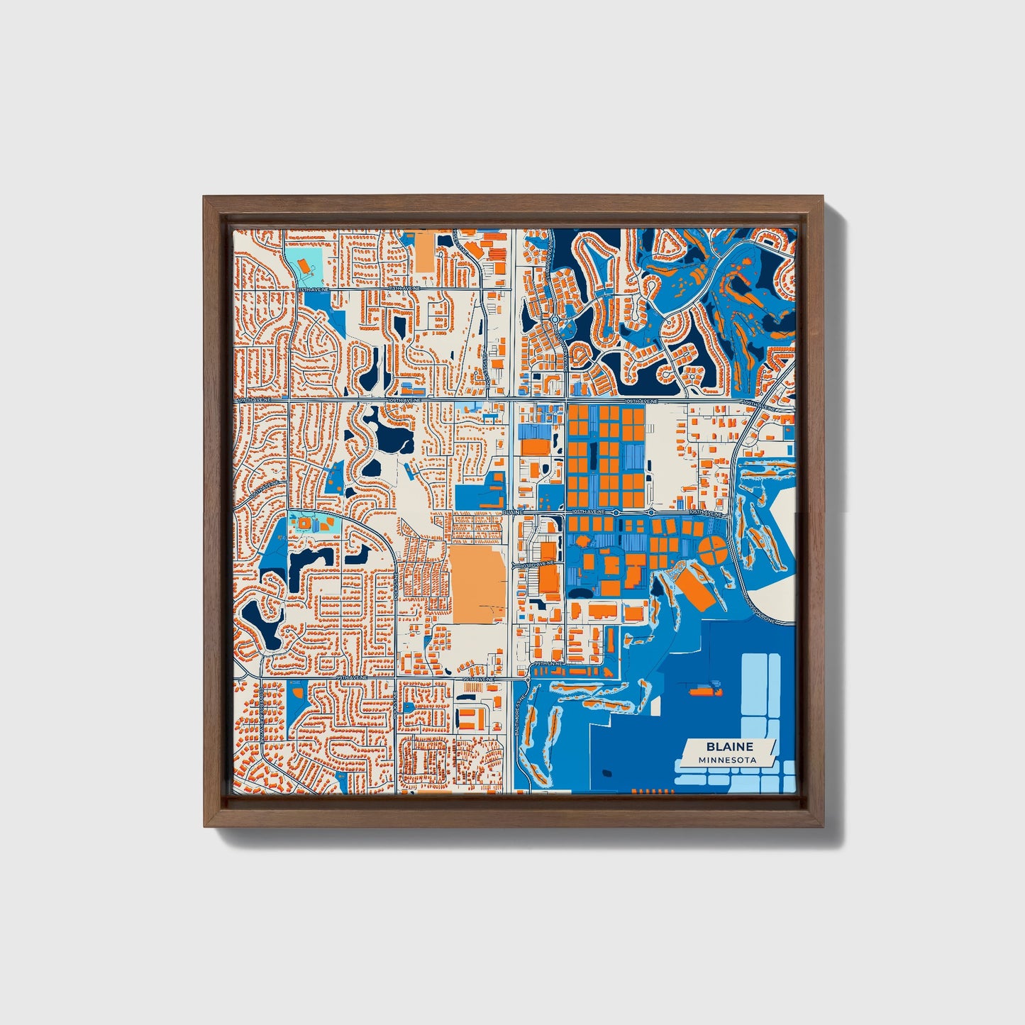 Blaine Minnesota Colorful City Map Canvas Print • Dark Wooden Framed