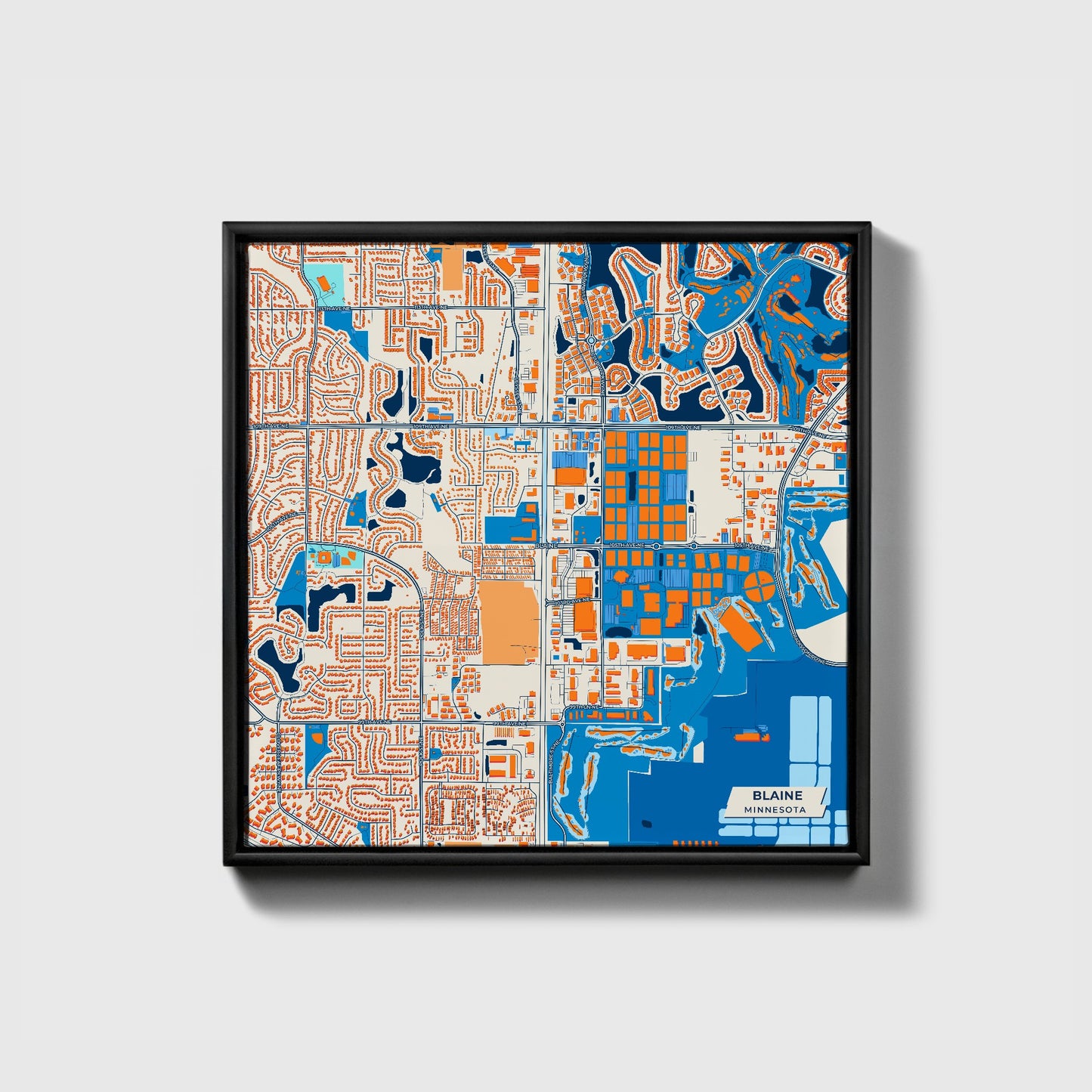 Blaine Minnesota Colorful City Map Canvas Print • Black Framed
