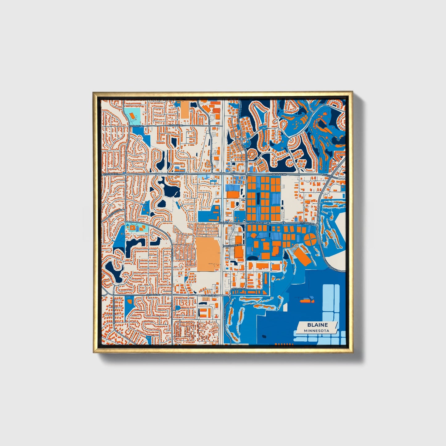 Blaine Minnesota Colorful City Map Canvas Print • Gold Framed