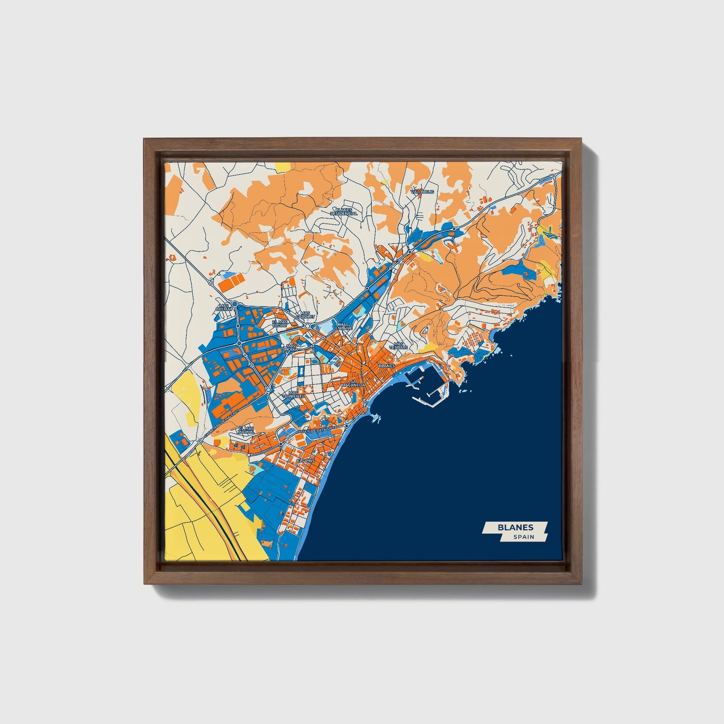 Blanes Spain Colorful City Map Canvas Print • Dark Wooden Framed