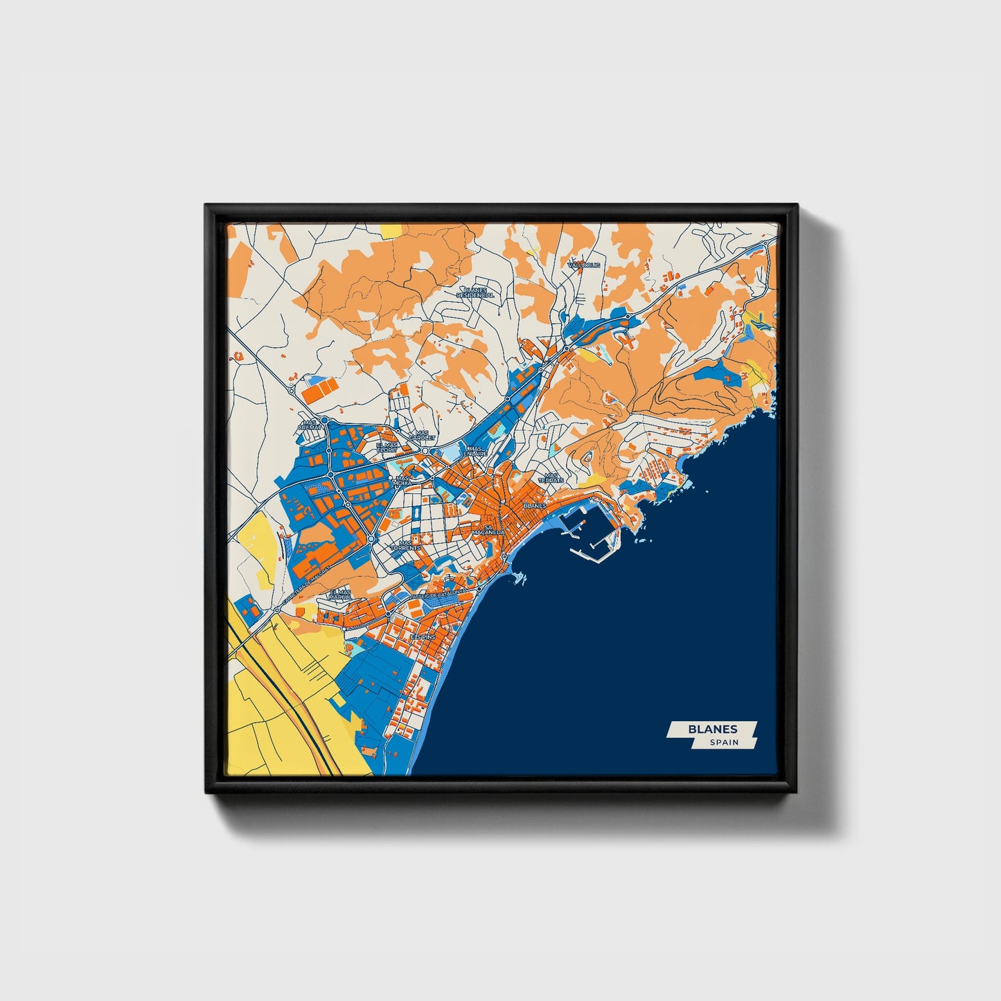 Blanes Spain Colorful City Map Canvas Print • Black Framed