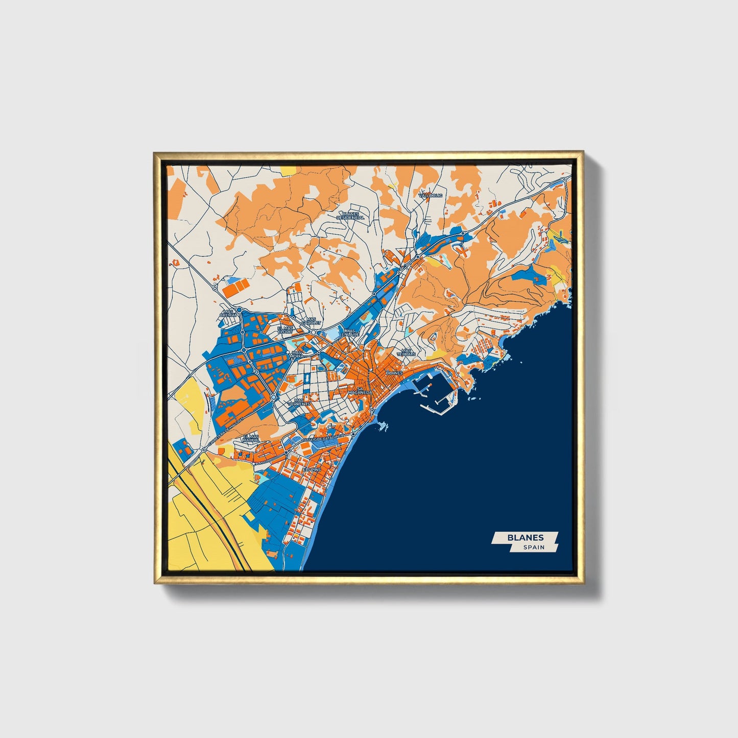 Blanes Spain Colorful City Map Canvas Print • Gold Framed
