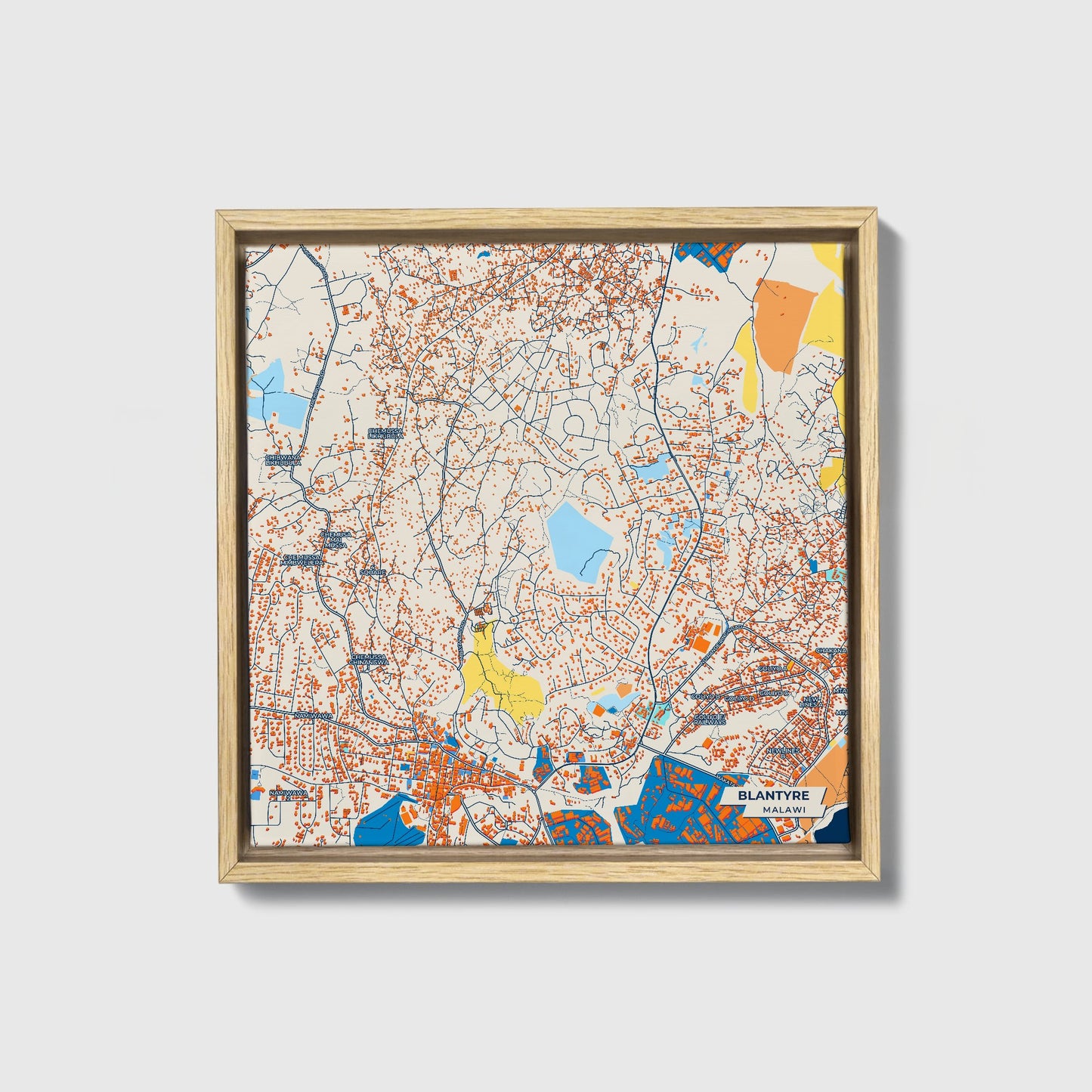 Blantyre Malawi Colorful City Map Canvas Print • Natural Wooden Framed