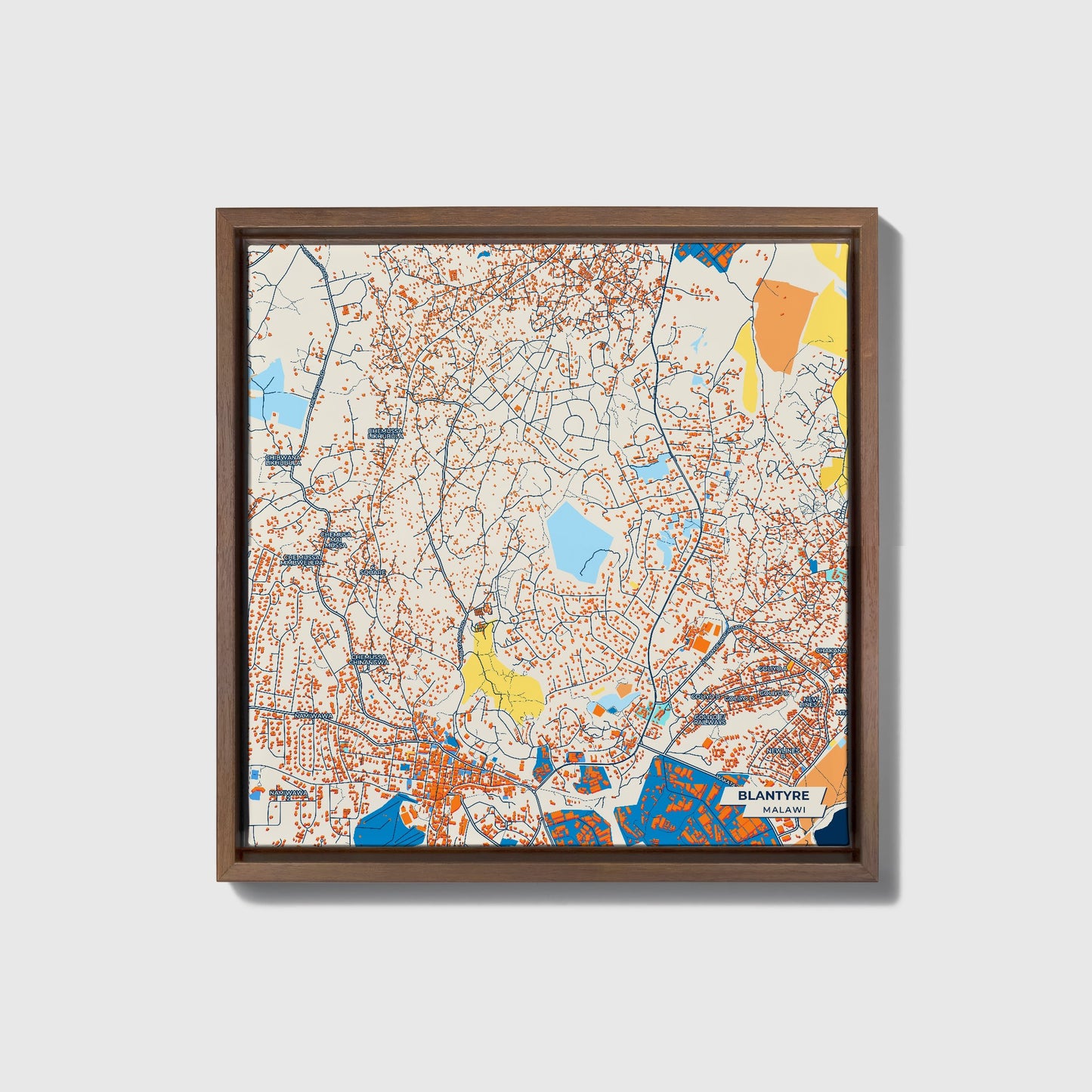 Blantyre Malawi Colorful City Map Canvas Print • Dark Wooden Framed