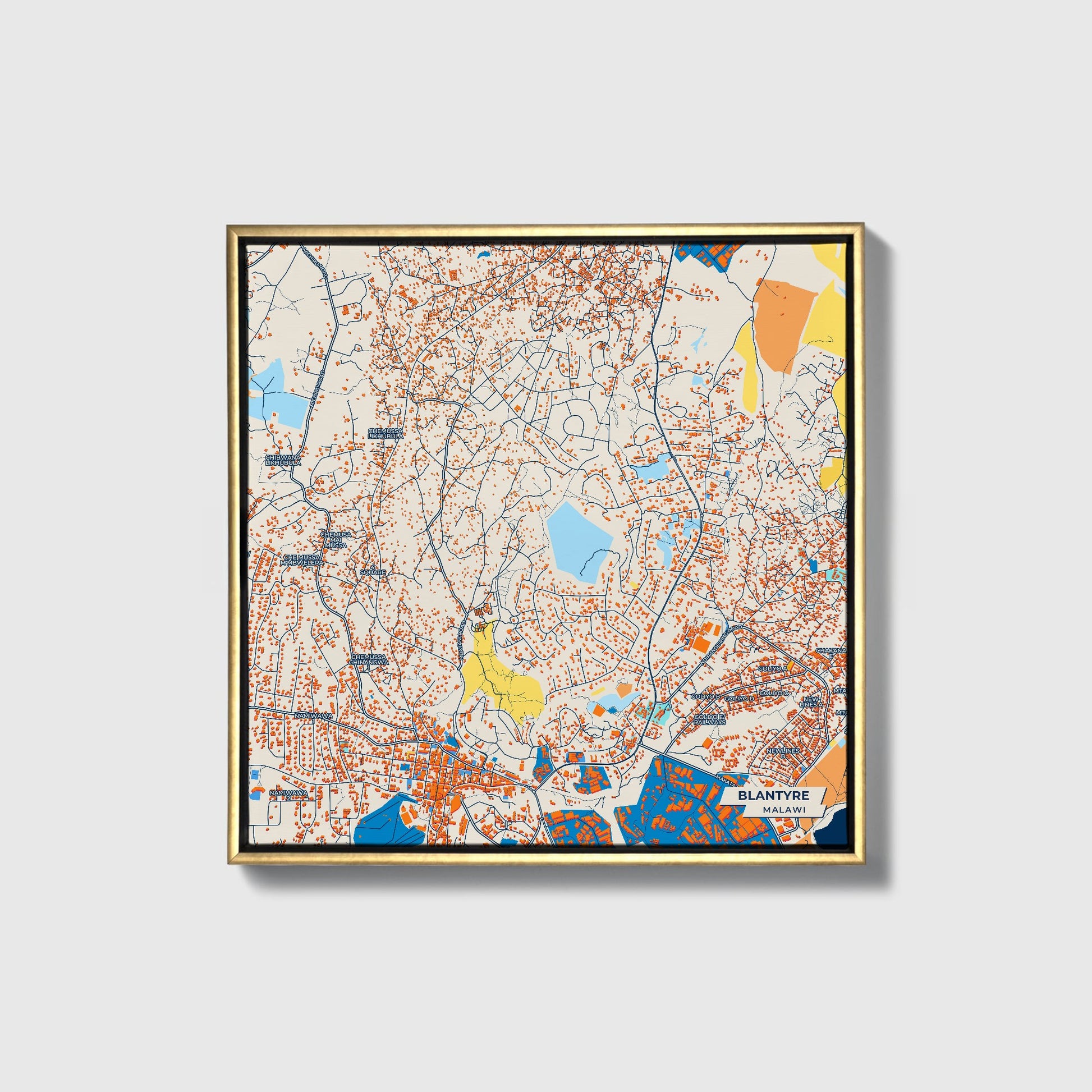 Blantyre Malawi Colorful City Map Canvas Print • Gold Framed