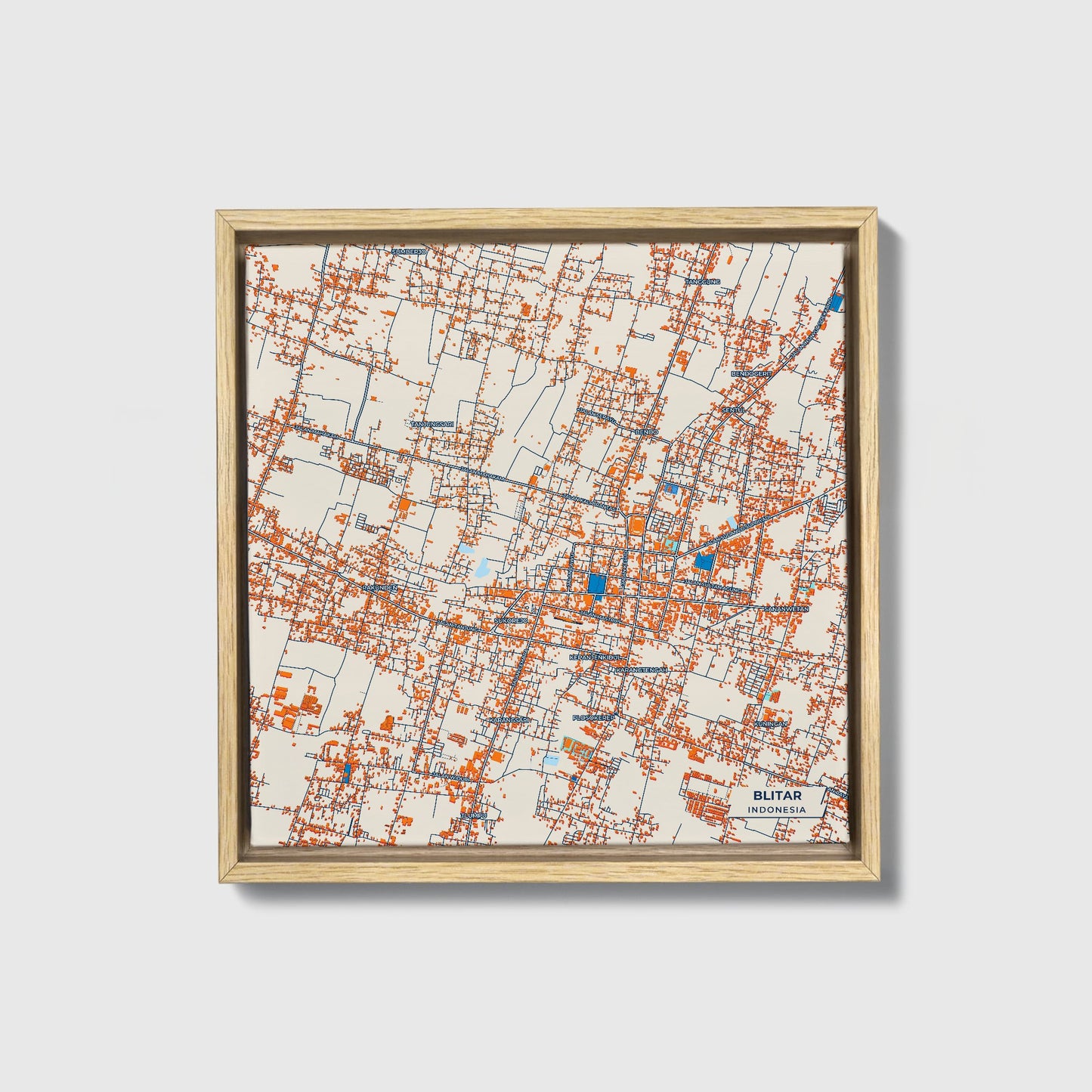 Blitar Indonesia Colorful City Map Canvas Print • Natural Wooden Framed
