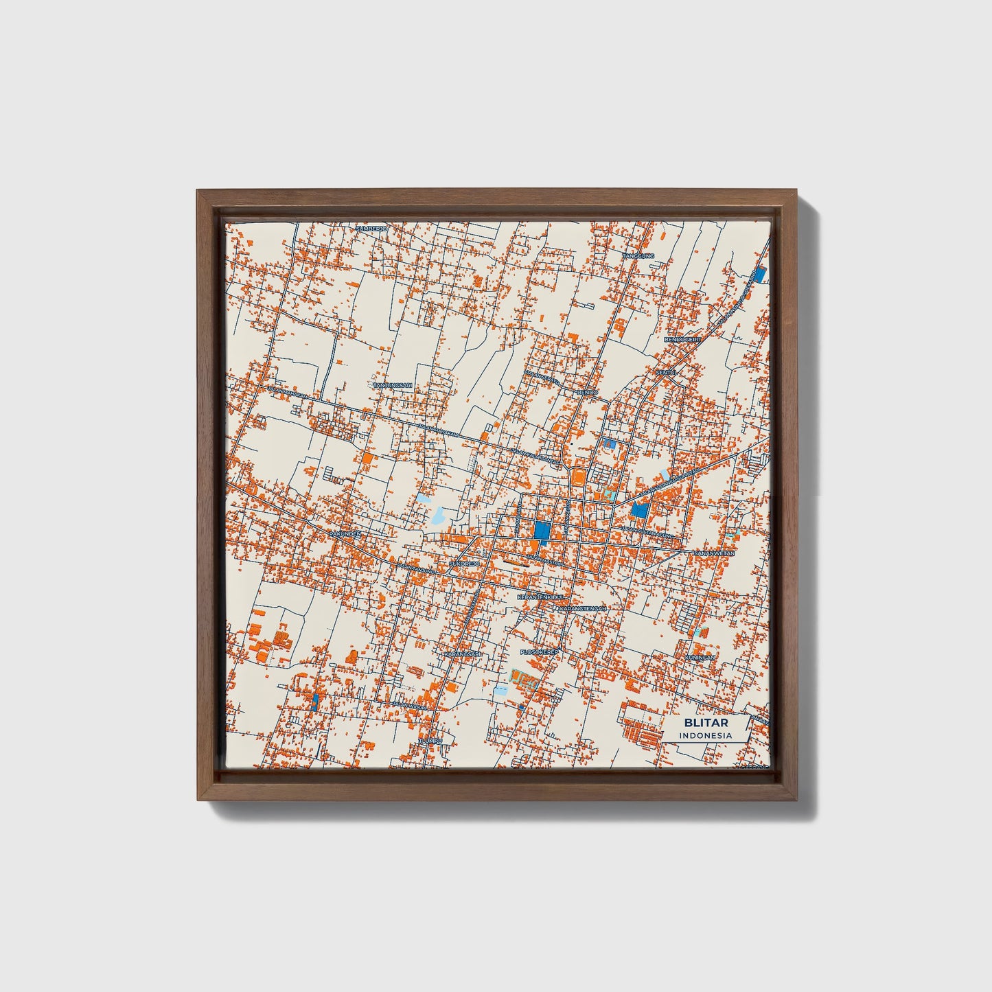Blitar Indonesia Colorful City Map Canvas Print • Dark Wooden Framed