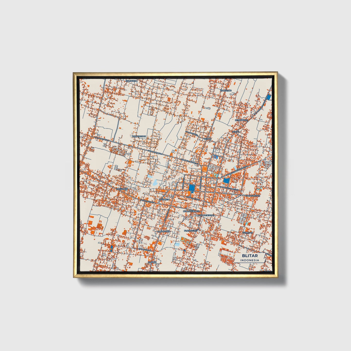 Blitar Indonesia Colorful City Map Canvas Print • Gold Framed
