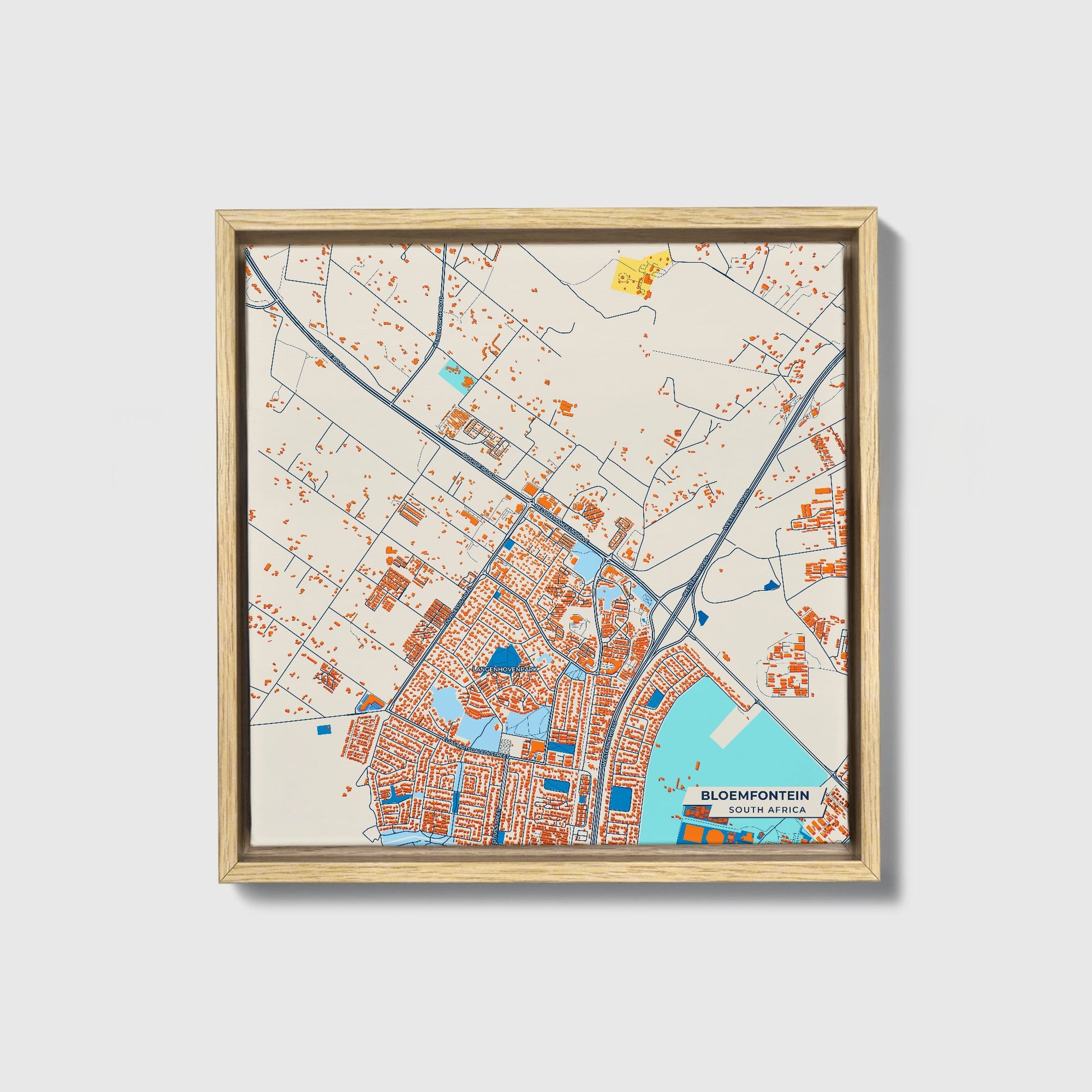 Bloemfontein South Africa Colorful City Map Canvas Print • Natural Wooden Framed