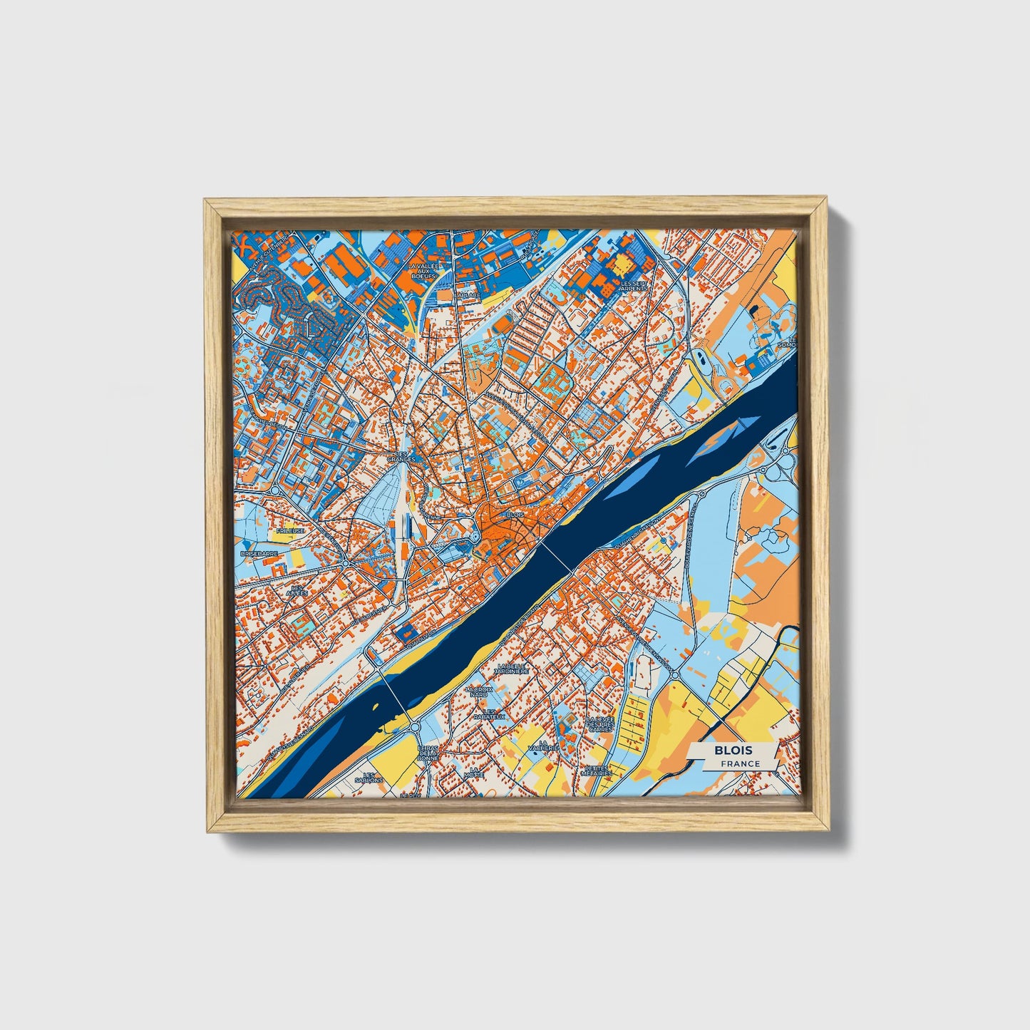 Blois France Colorful City Map Canvas Print • Natural Wooden Framed