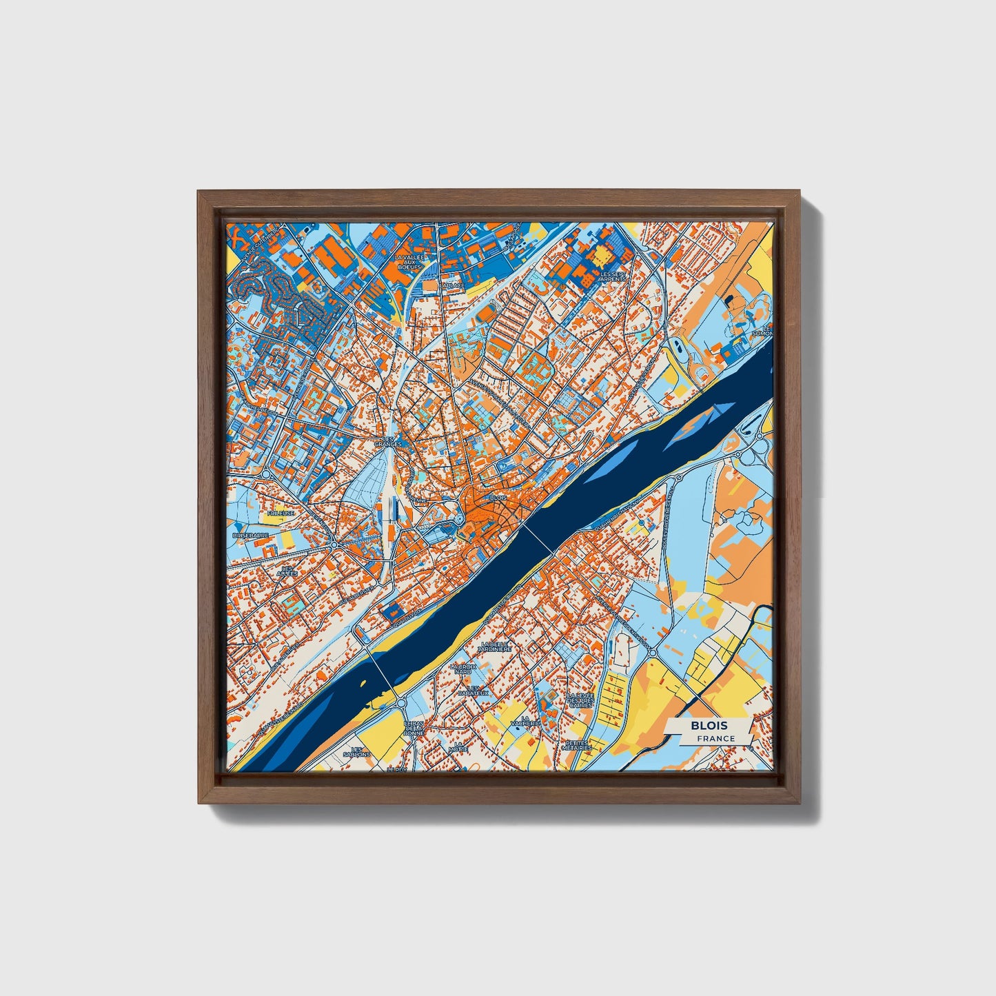 Blois France Colorful City Map Canvas Print • Dark Wooden Framed