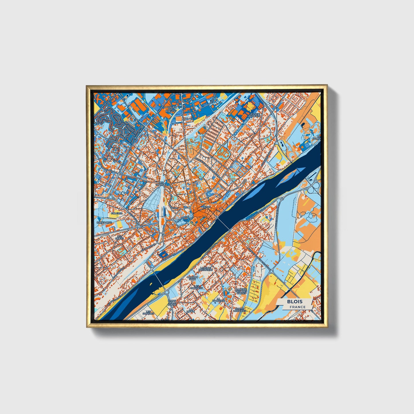 Blois France Colorful City Map Canvas Print • Gold Framed
