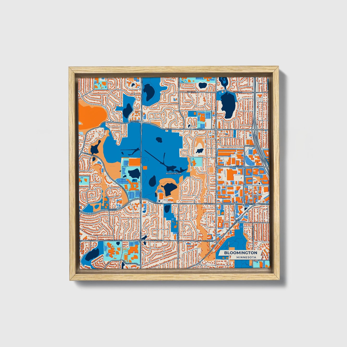 Bloomington Minnesota Colorful City Map Canvas Print • Natural Wooden Framed