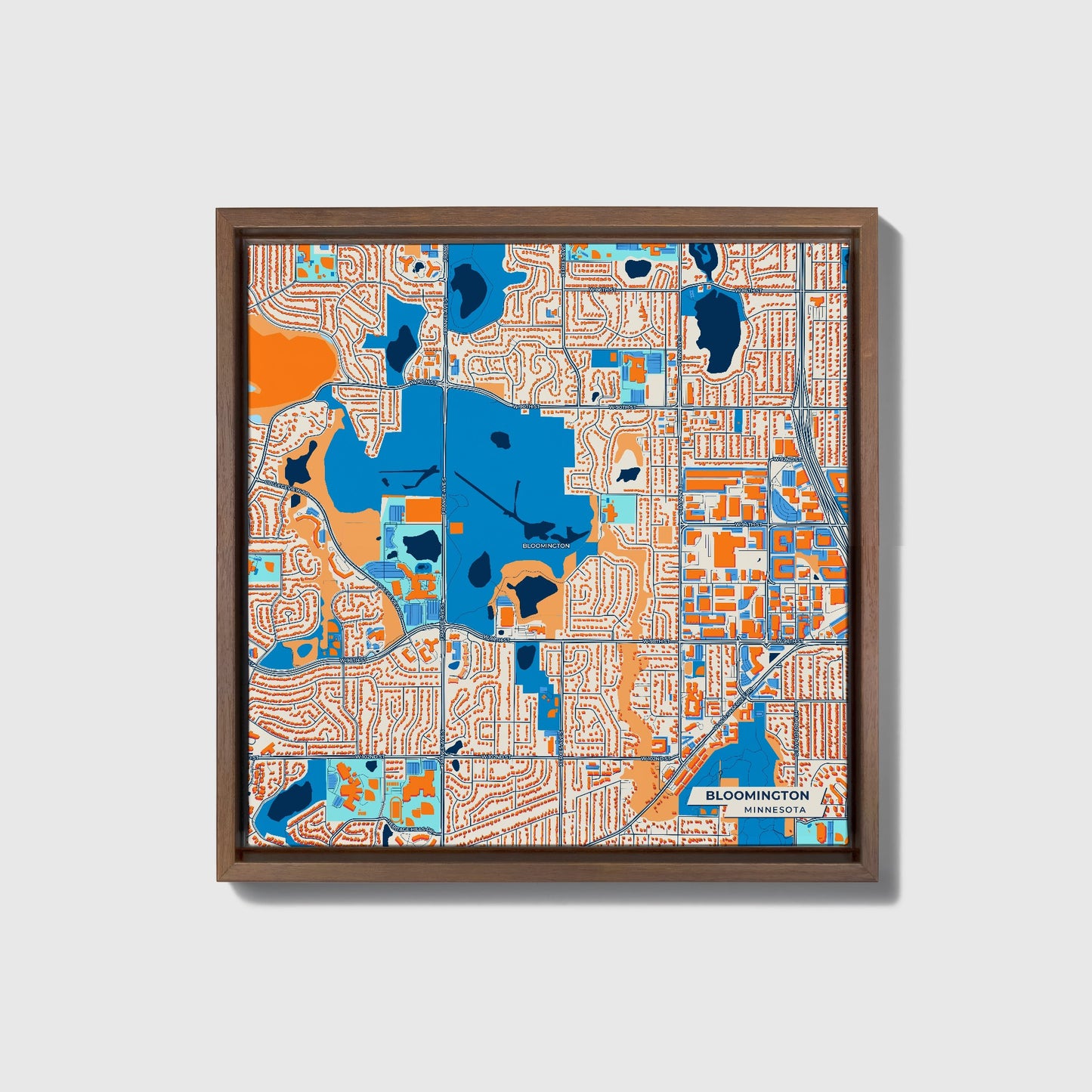 Bloomington Minnesota Colorful City Map Canvas Print • Dark Wooden Framed
