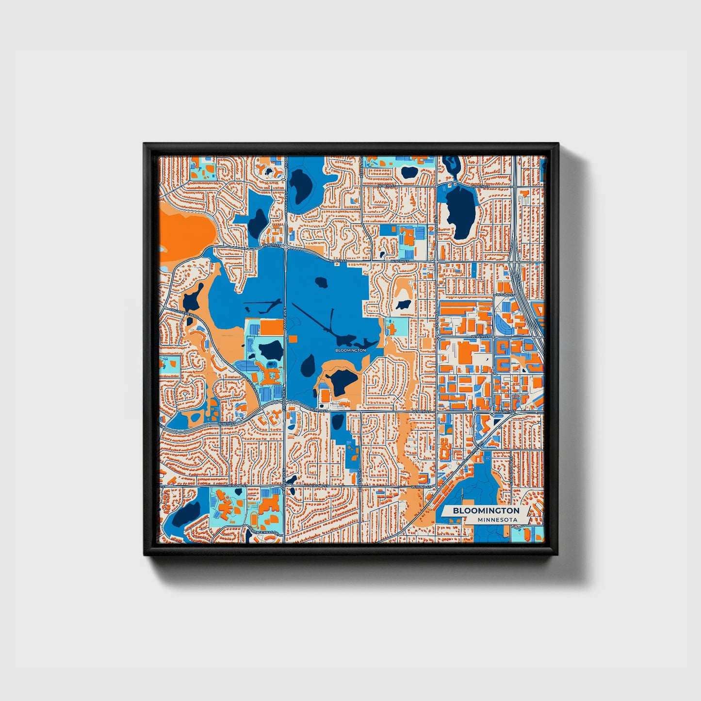 Bloomington Minnesota Colorful City Map Canvas Print • Black Framed
