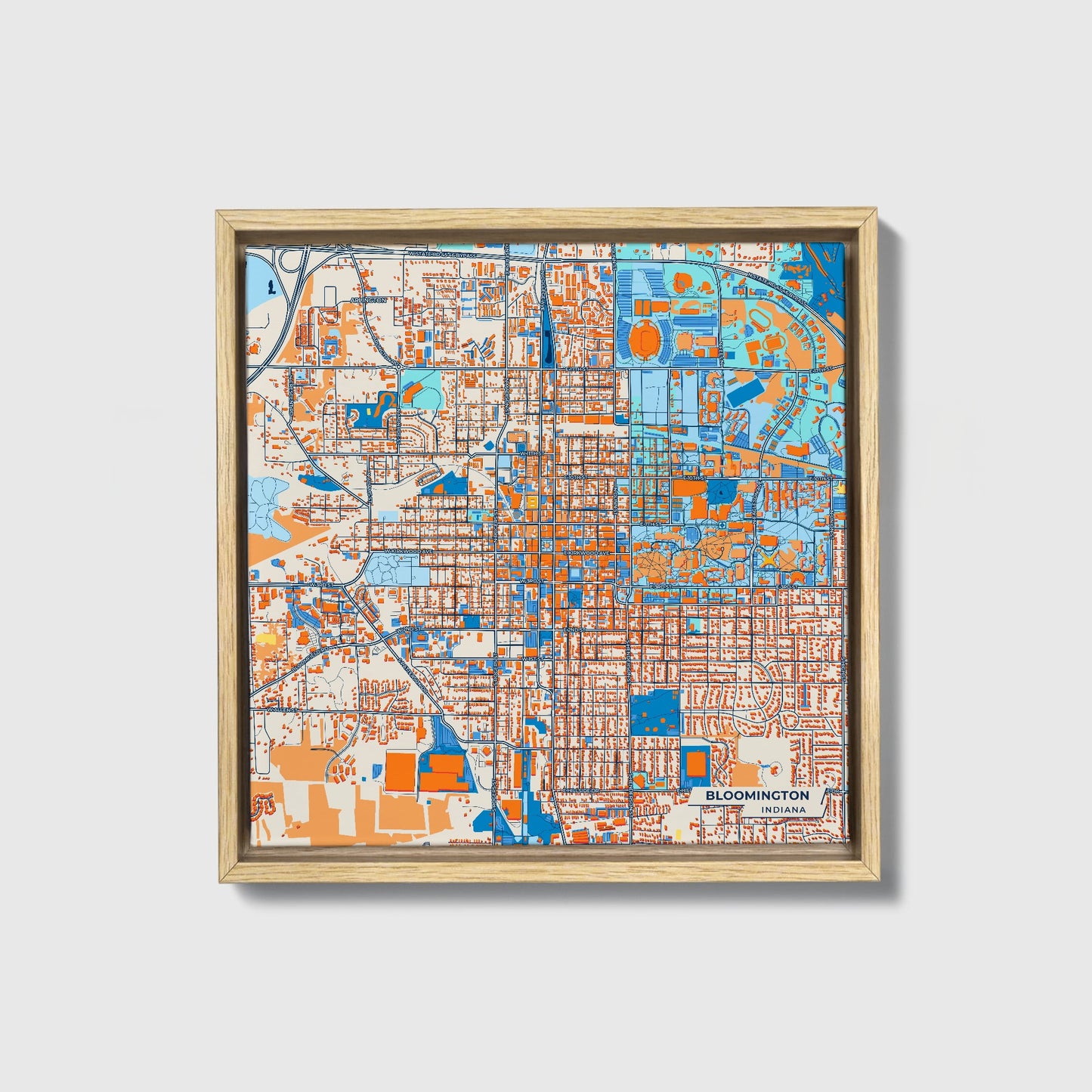 Bloomington Indiana Colorful City Map Canvas Print • Natural Wooden Framed