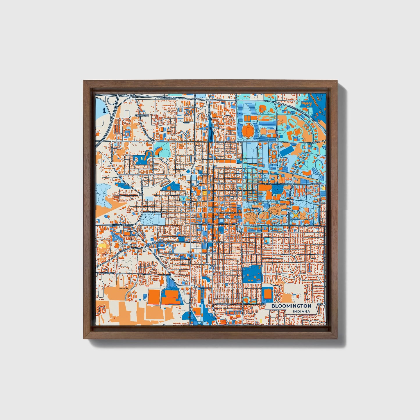 Bloomington Indiana Colorful City Map Canvas Print • Dark Wooden Framed