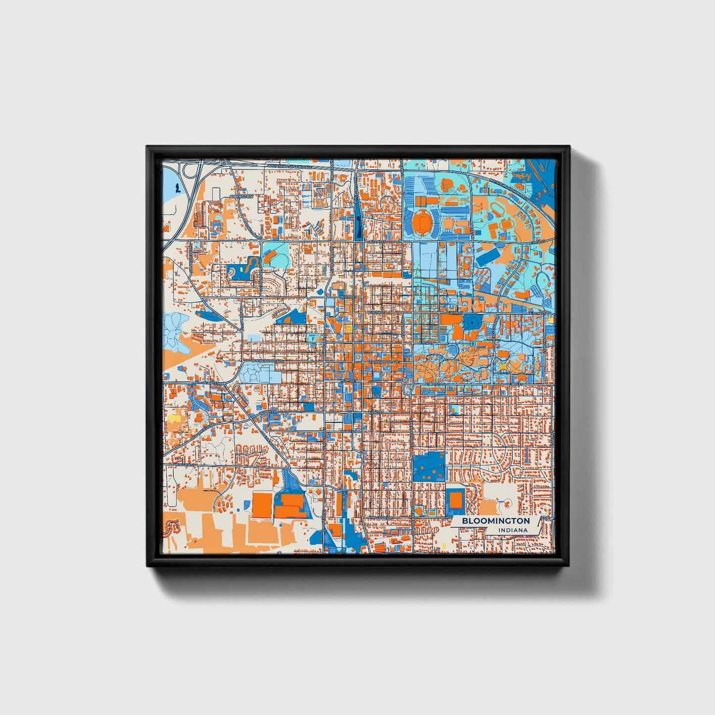 Bloomington Indiana Colorful City Map Canvas Print • Black Framed