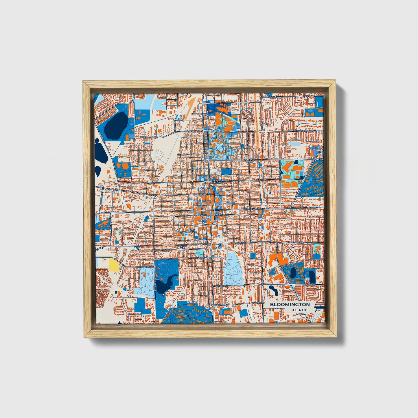 Bloomington Illinois Colorful City Map Canvas Print • Natural Wooden Framed