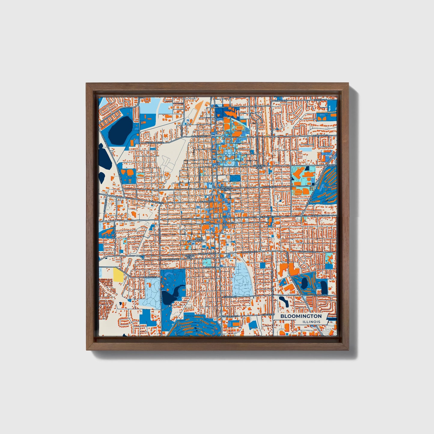 Bloomington Illinois Colorful City Map Canvas Print • Dark Wooden Framed