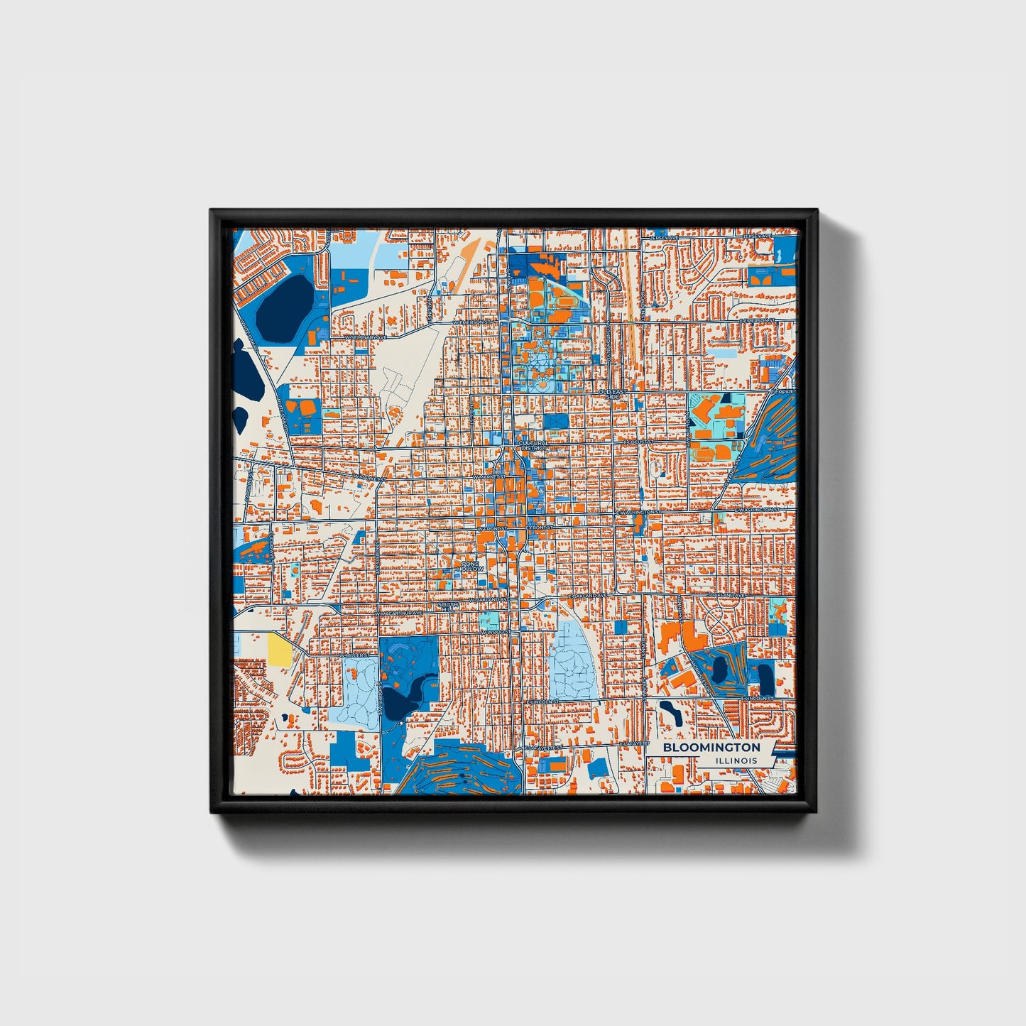 Bloomington Illinois Colorful City Map Canvas Print • Black Framed
