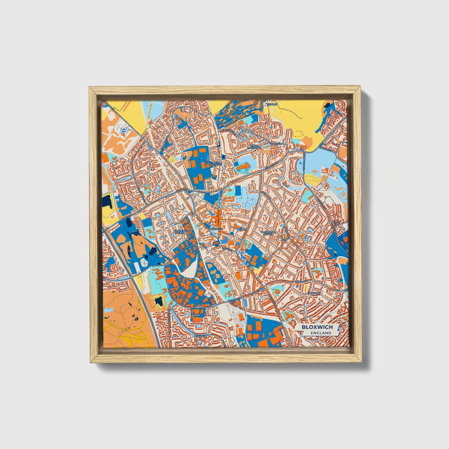 Bloxwich England Colorful City Map Canvas Print • Natural Wooden Framed