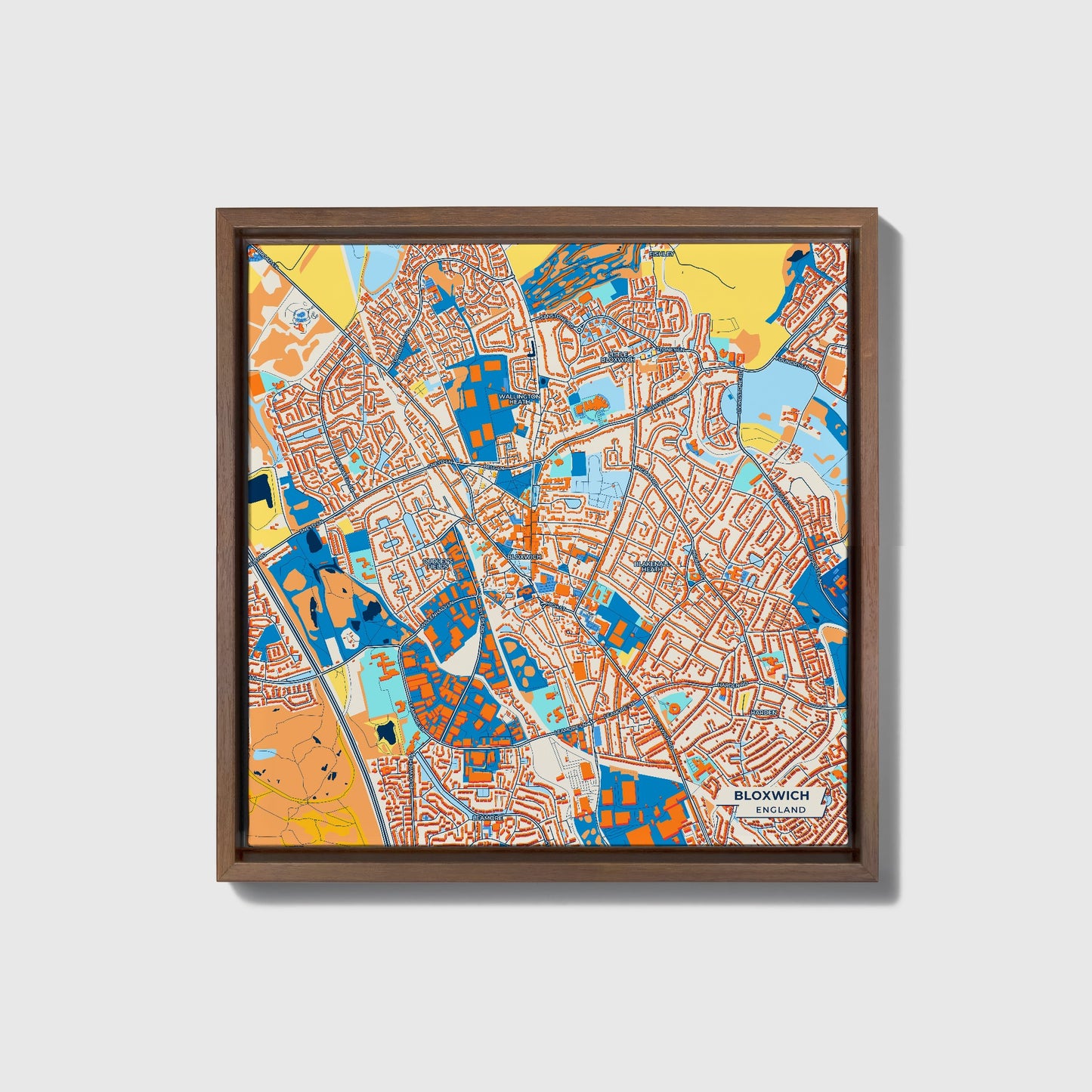Bloxwich England Colorful City Map Canvas Print • Dark Wooden Framed
