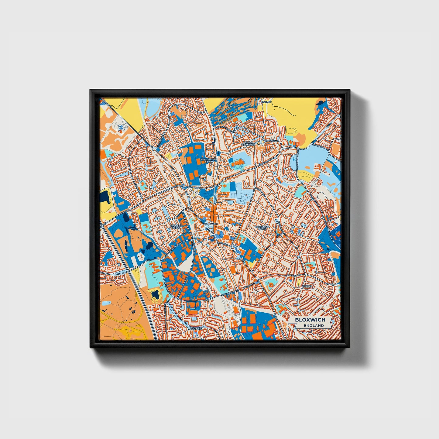 Bloxwich England Colorful City Map Canvas Print • Black Framed