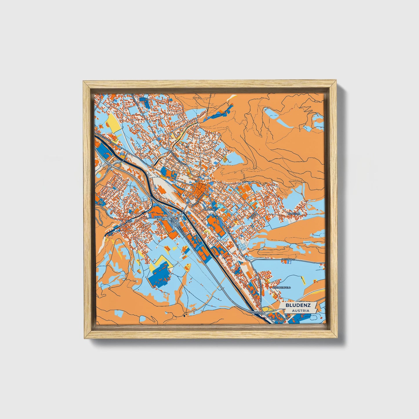 Bludenz Austria Colorful City Map Canvas Print • Natural Wooden Framed