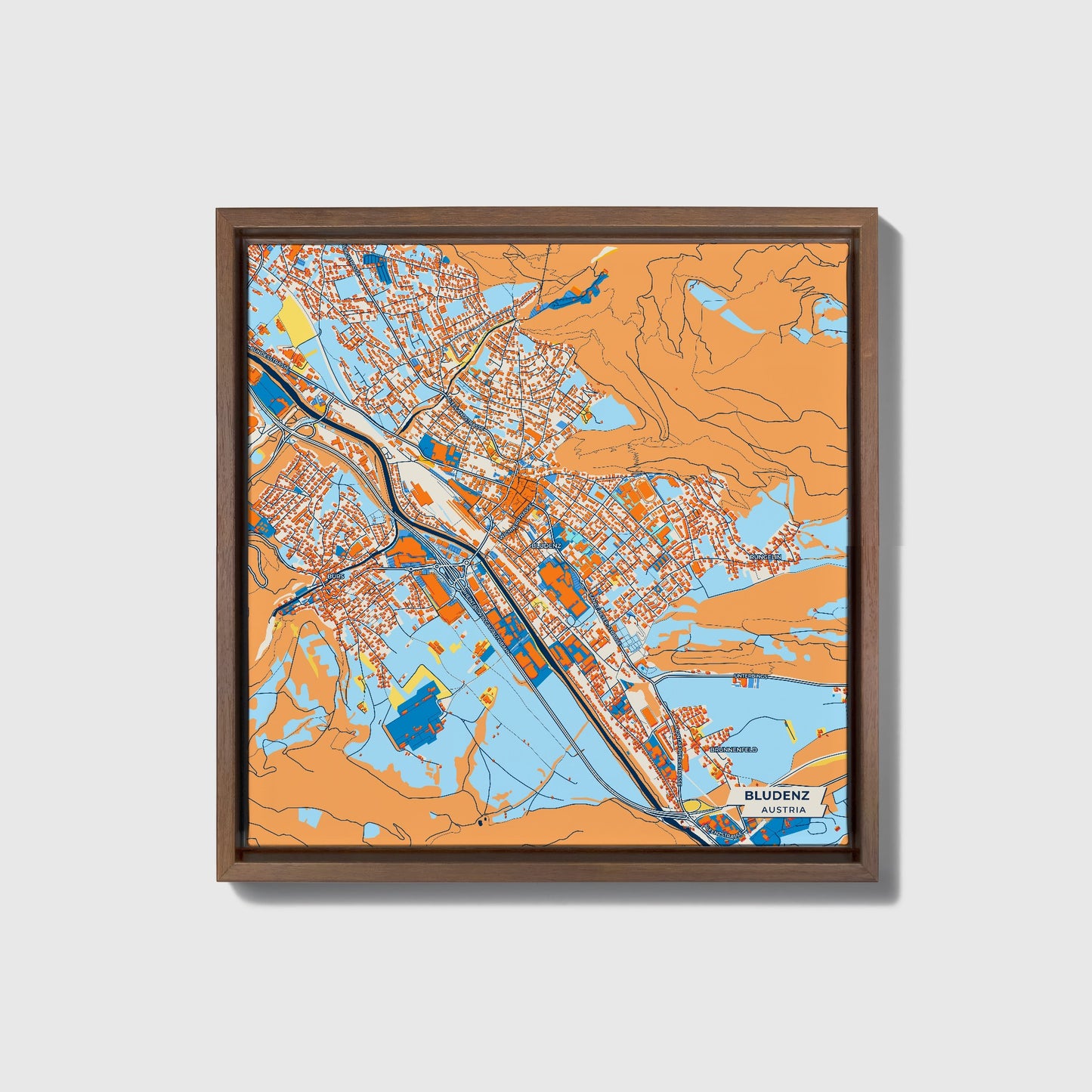 Bludenz Austria Colorful City Map Canvas Print • Dark Wooden Framed