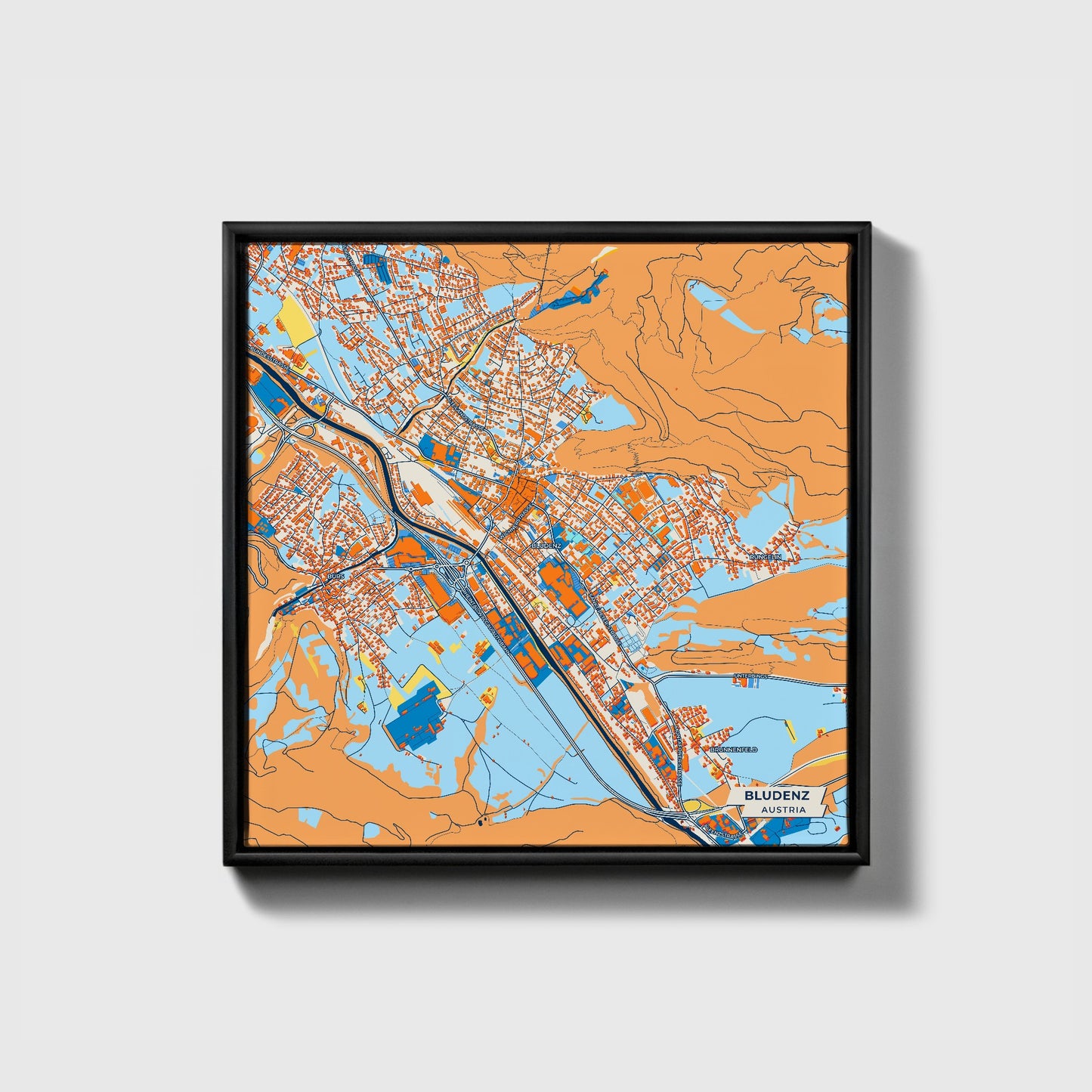 Bludenz Austria Colorful City Map Canvas Print • Black Framed