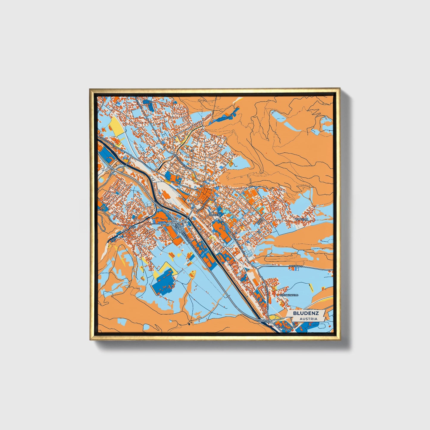 Bludenz Austria Colorful City Map Canvas Print • Gold Framed